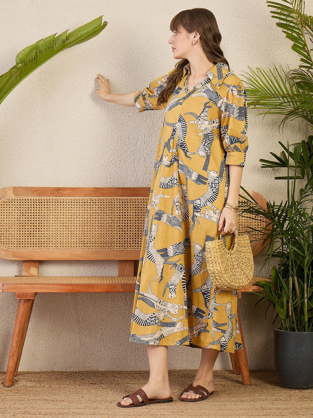 Front Pleated Cotton Midi Dress