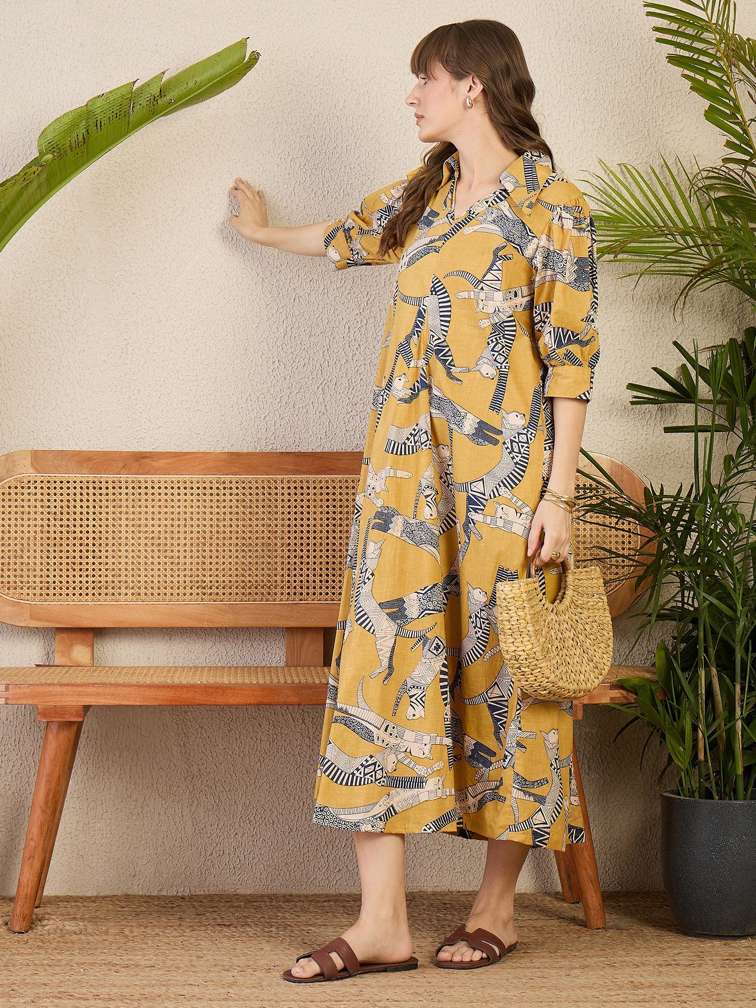 Front Pleated Cotton Midi Dress