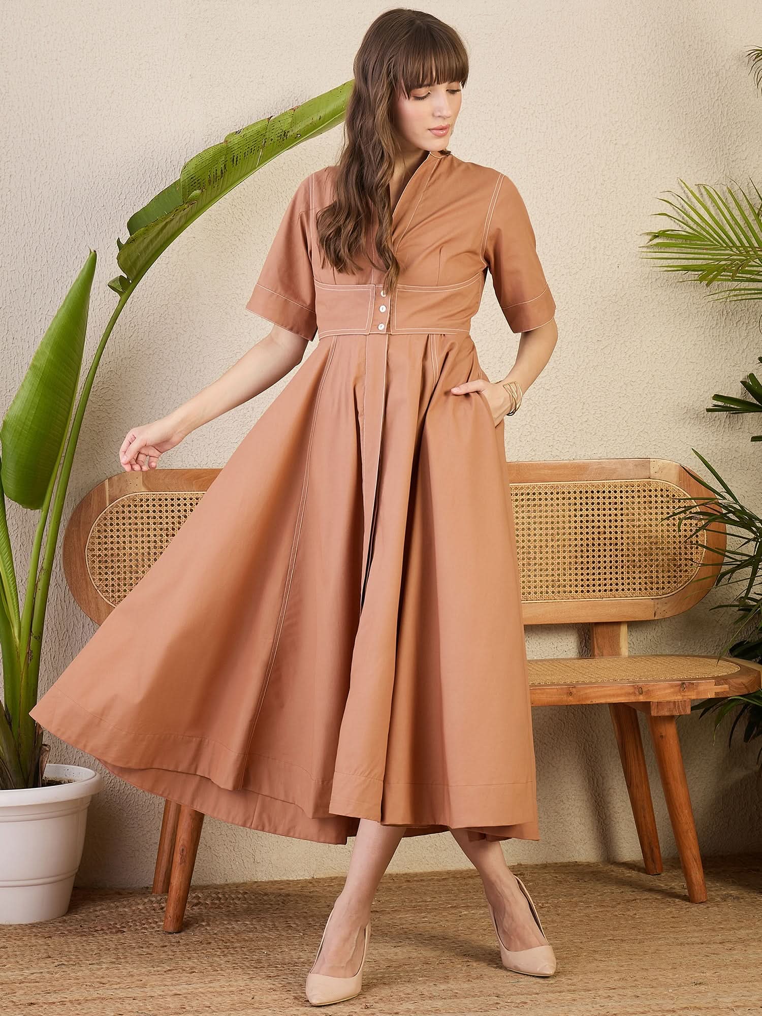 Corset Panelled Cotton Midi Dress - Uptownie
