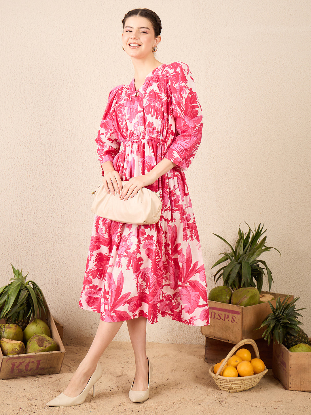 Puffed Sleeve Cotton Midi Dress