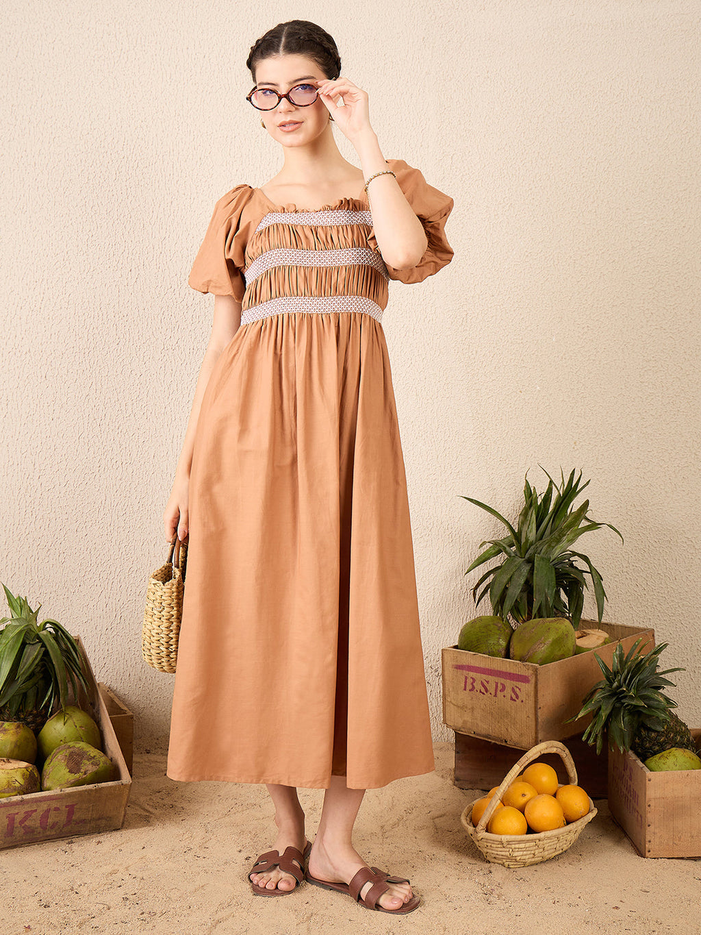 Puff Sleeve Smocked Cotton Midi Dress