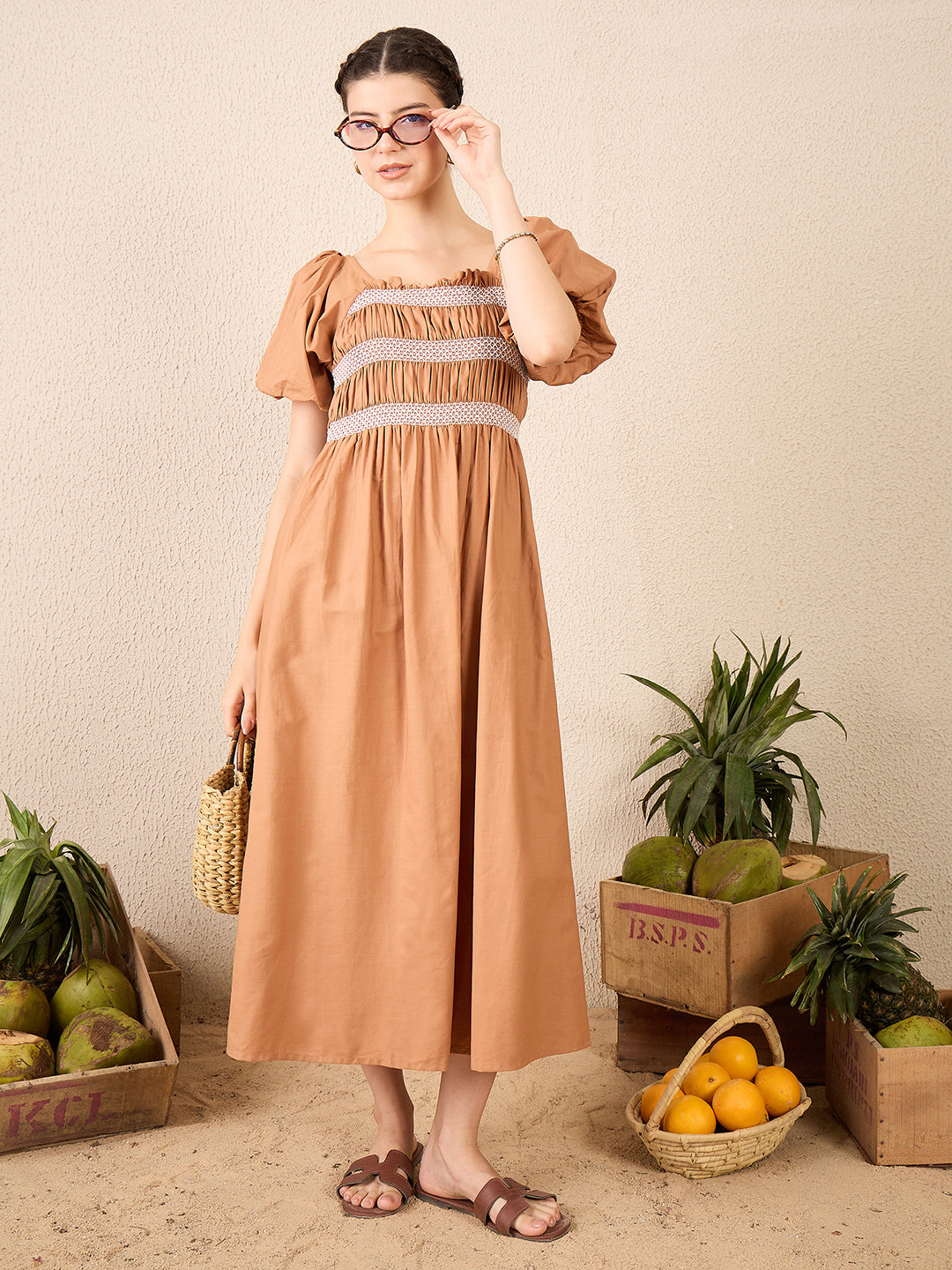 Puff Sleeve Smocked Cotton Midi Dress