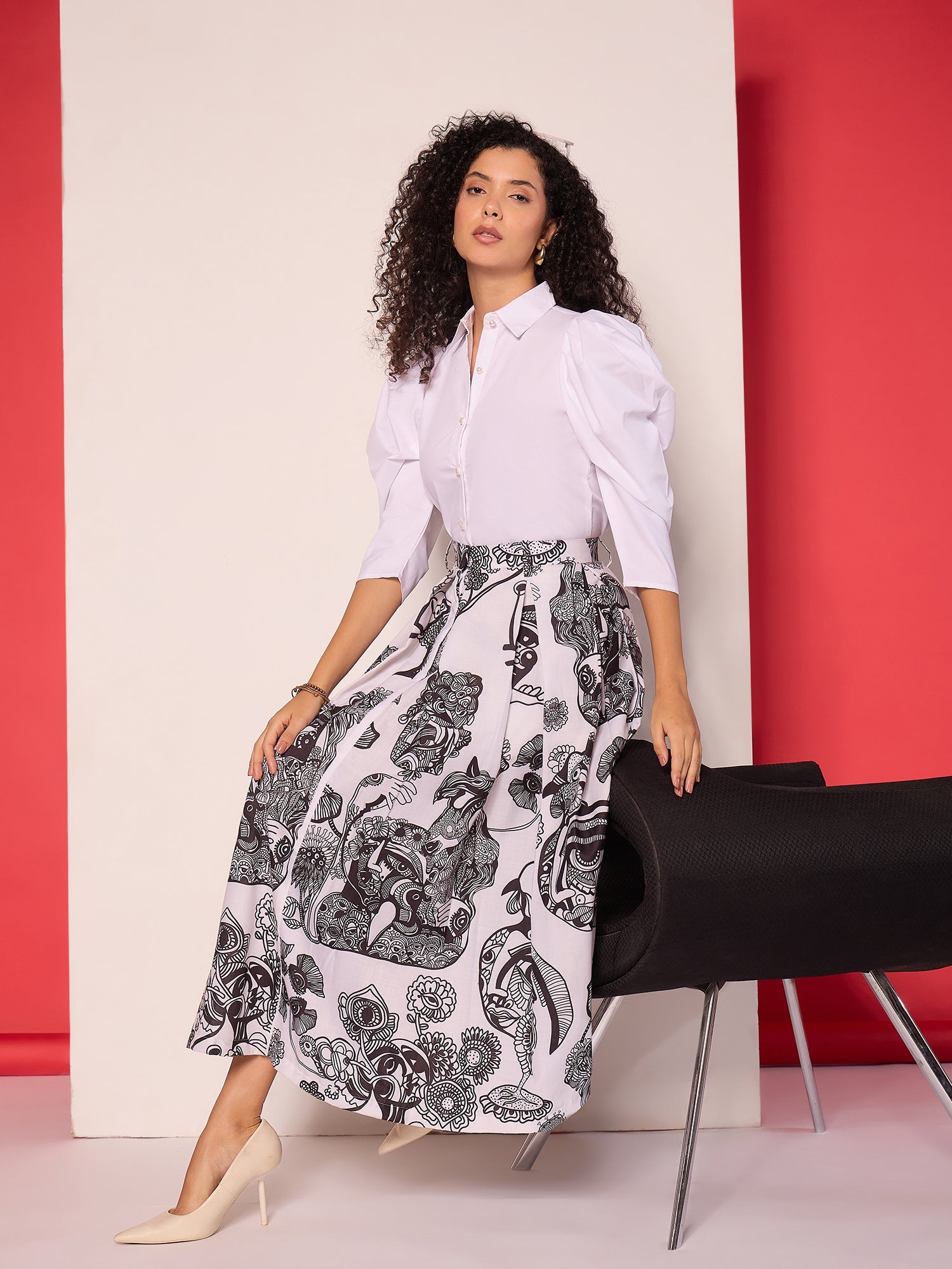 Box Pleated Midi Linen Skirt - Uptownie
