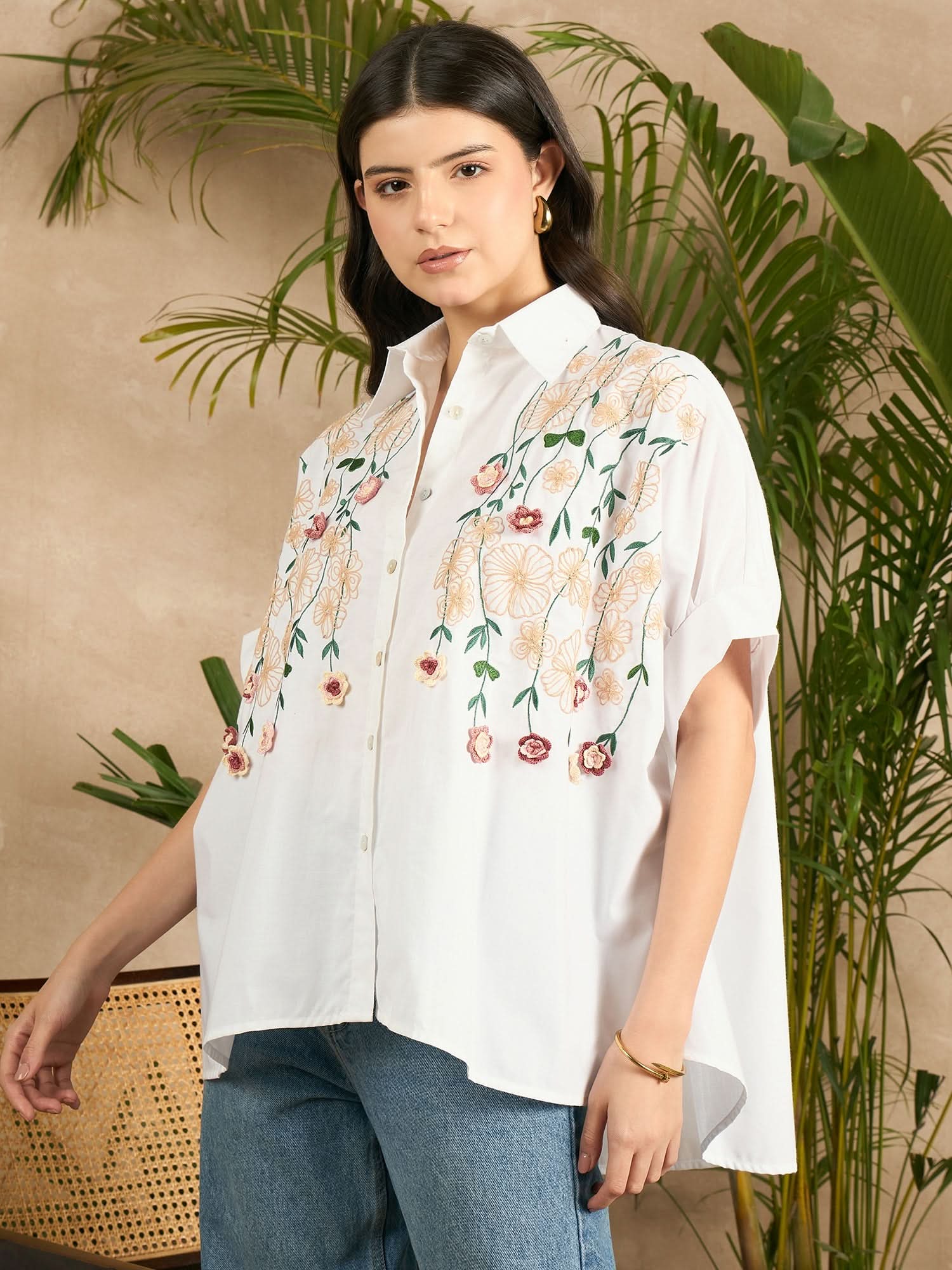 Cotton Anti-fit Crochet Floral Shirt