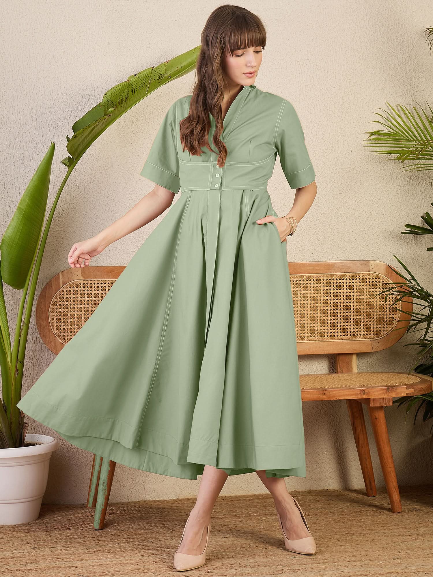 Corset Panelled Midi Cotton Dress - Uptownie