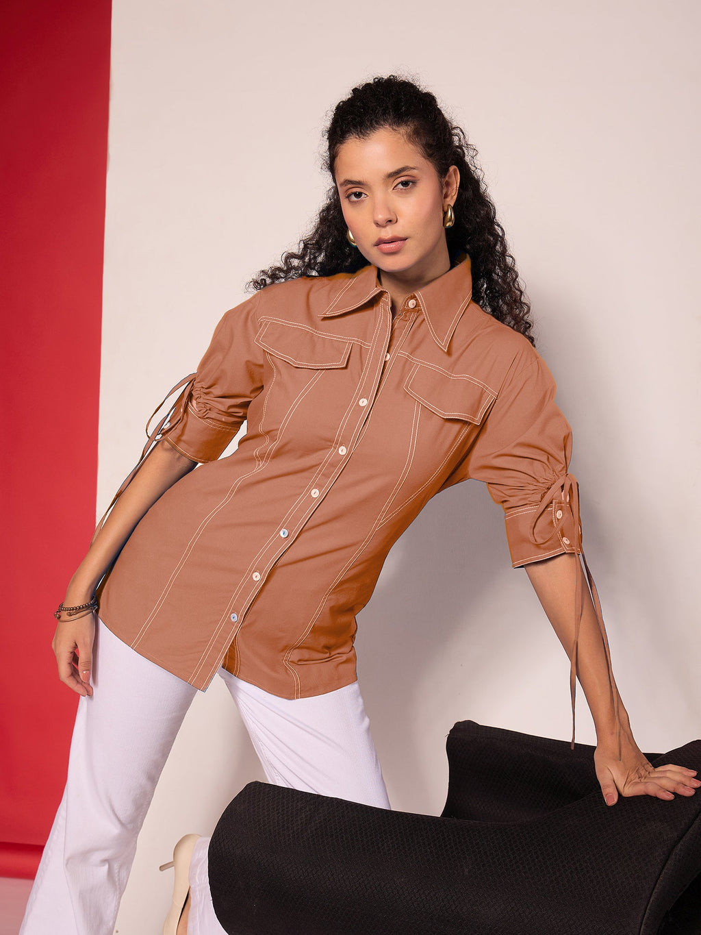 Panelled Cotton Shirt With Tie-Up Sleeves