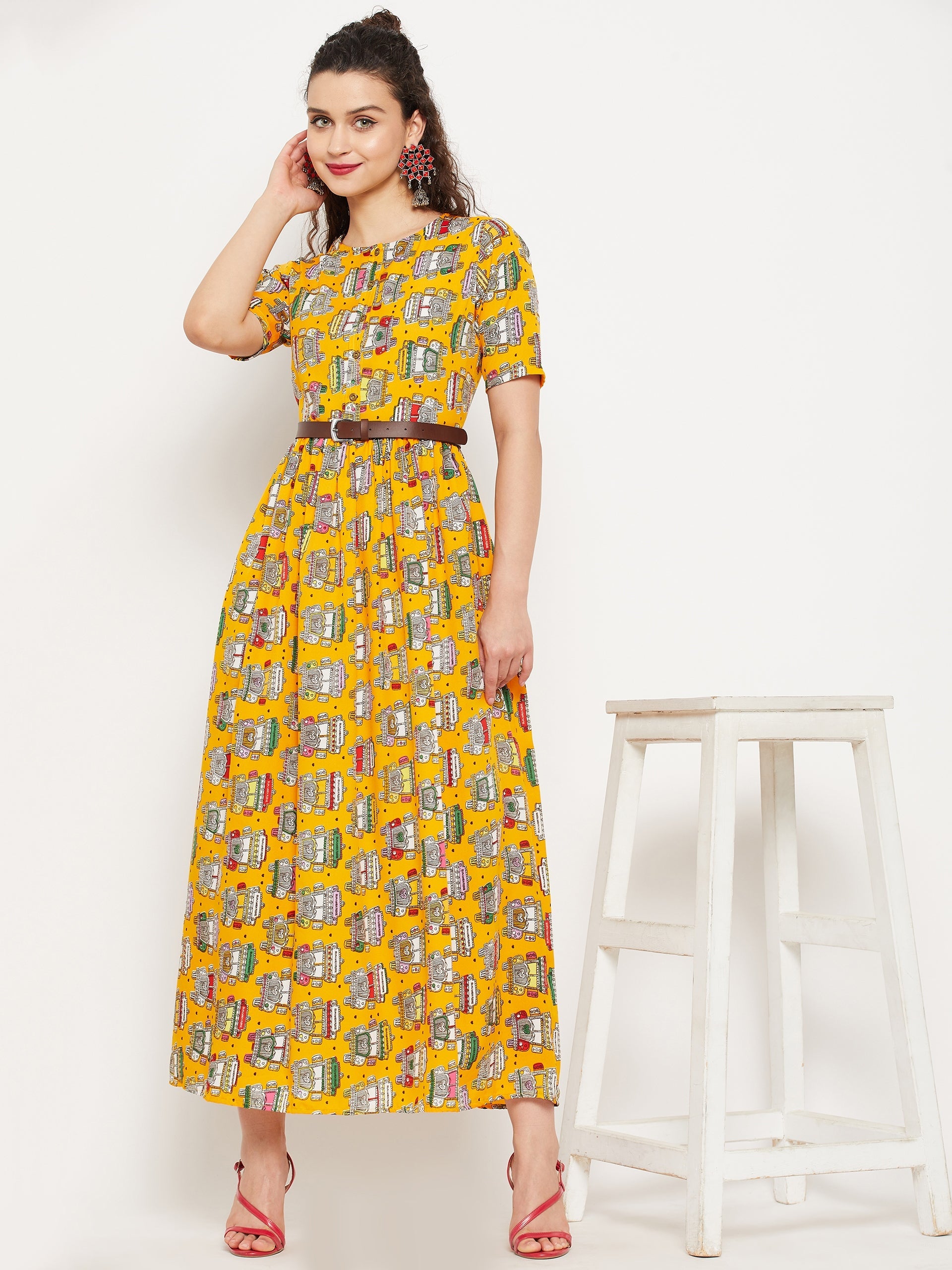 Printed Maxi Dress with Belt - Uptownie