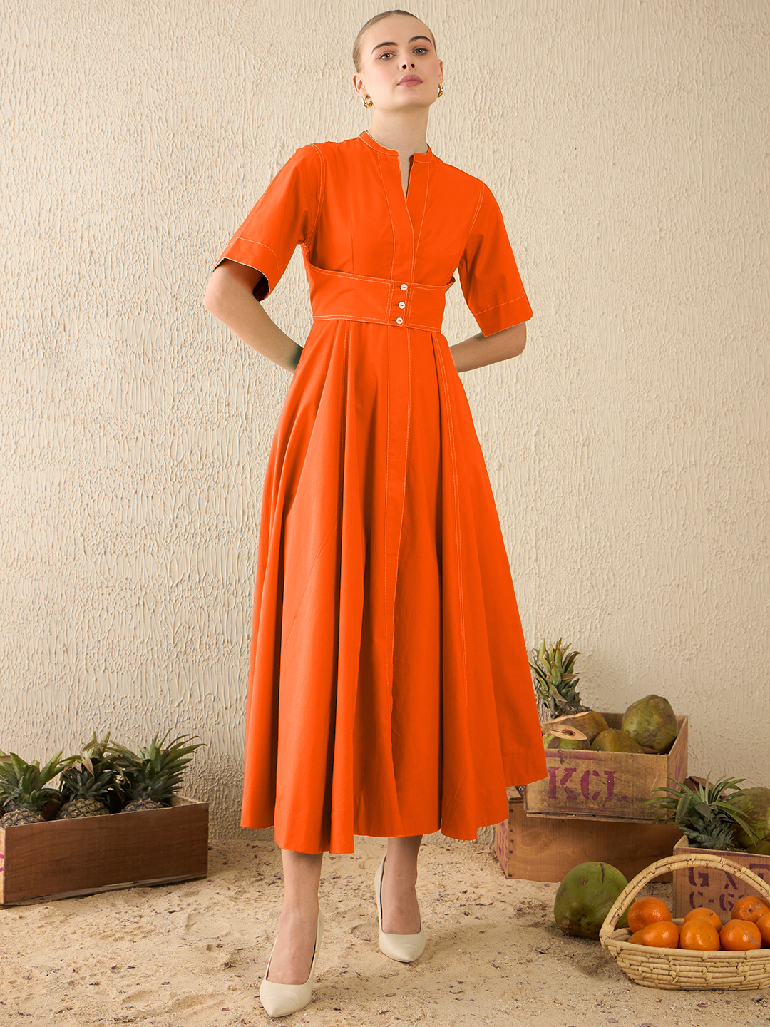 Corset Panelled Cotton Midi Dress - Uptownie