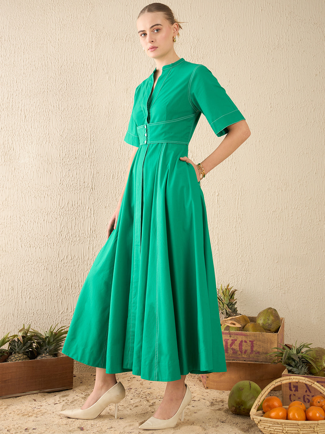 Corset Panelled Cotton Midi Dress