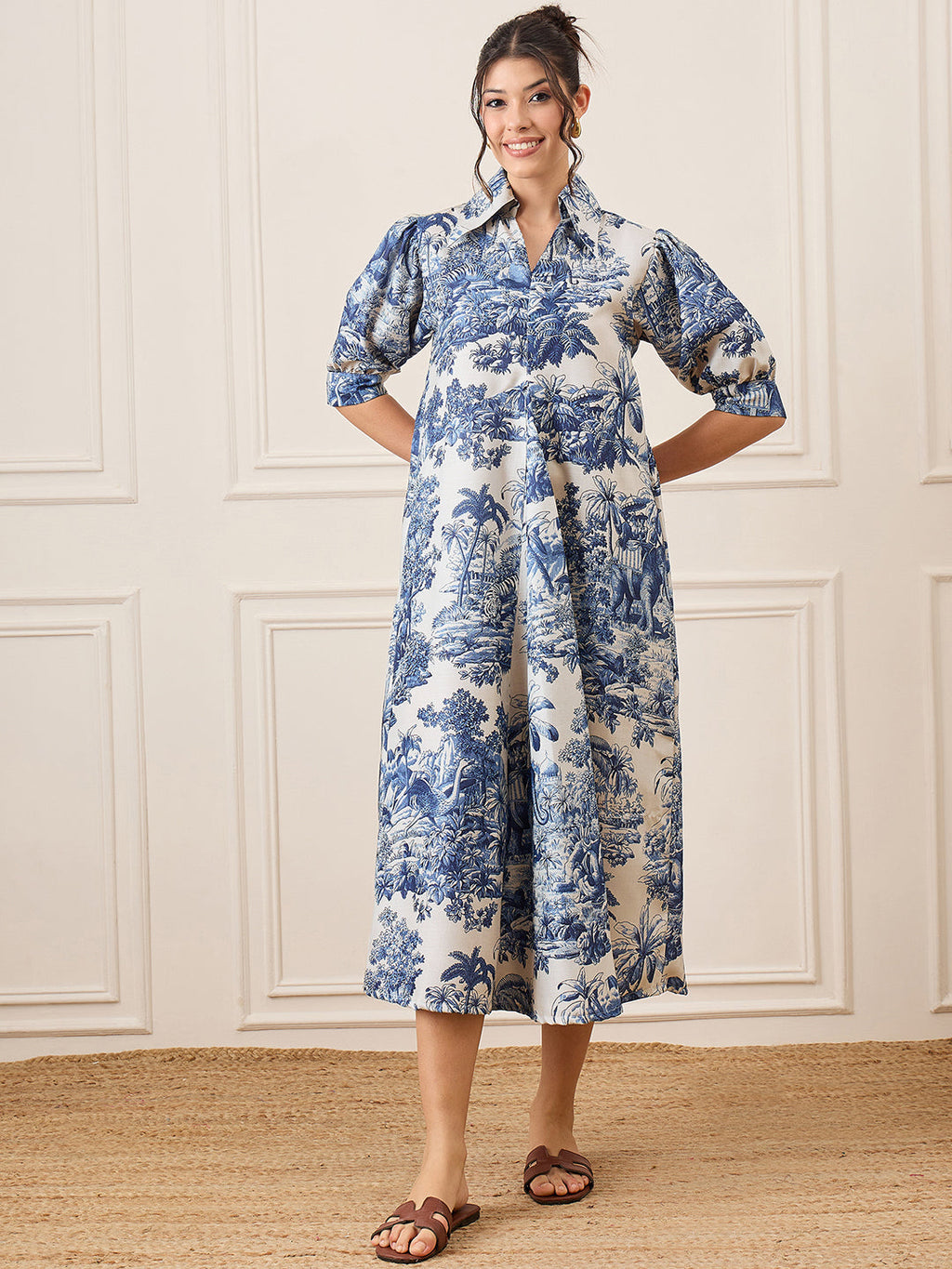 Front Pleated Cotton Midi Dress