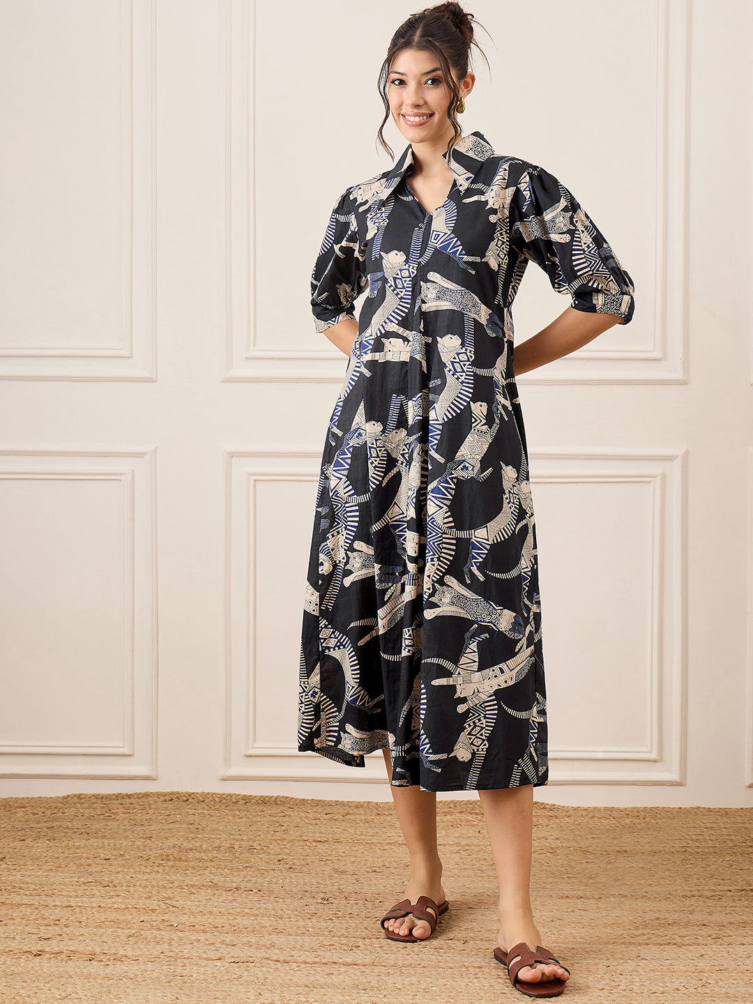 Front Pleated Linen Midi Dress