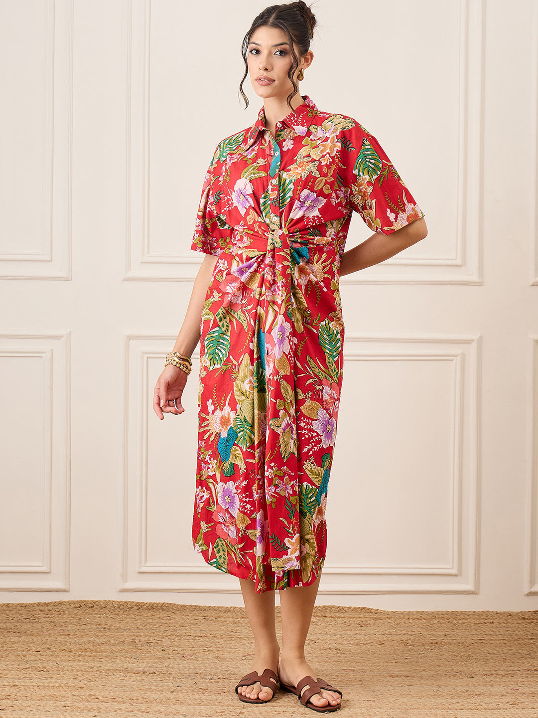 Cotton Twisted Shirt Midi Dress