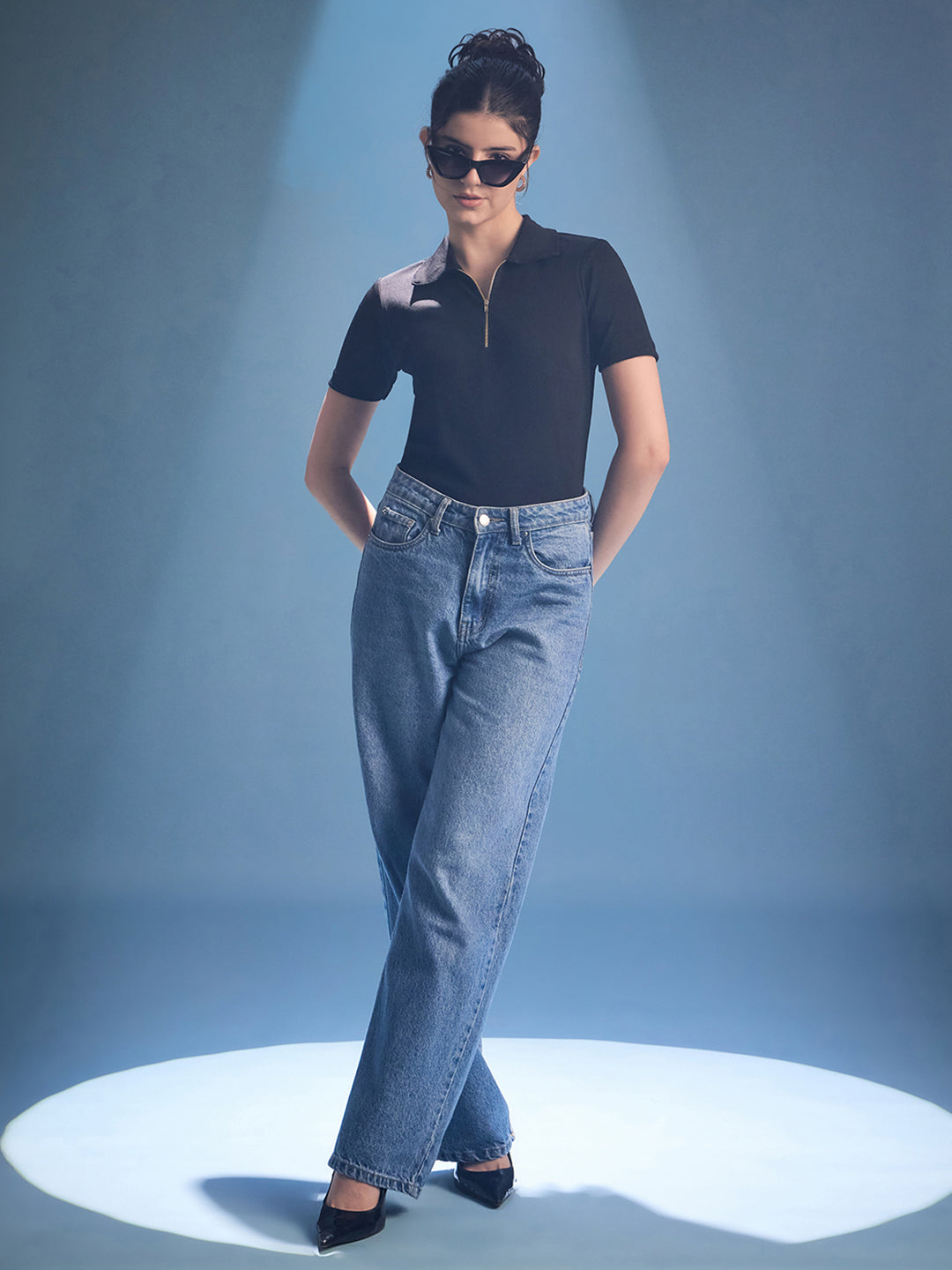Stretchable Front Zip Up Ribbed Top