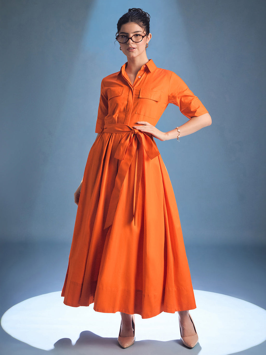 Cotton Flared Shirt Dress With Belt