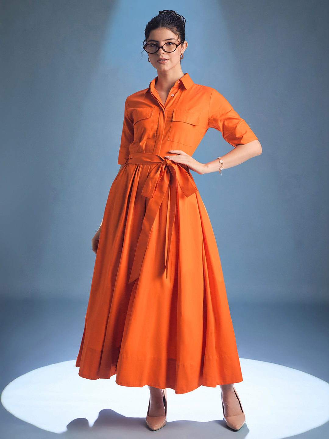 Cotton Flared Shirt Dress With Belt