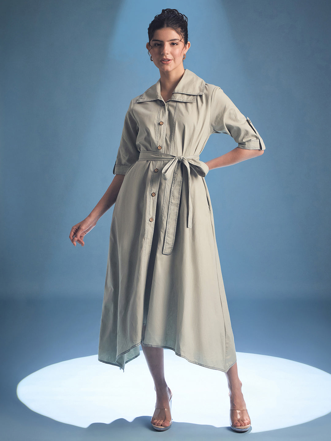 Cotton Asymmetrical Contrast Stitch Shirt Dress