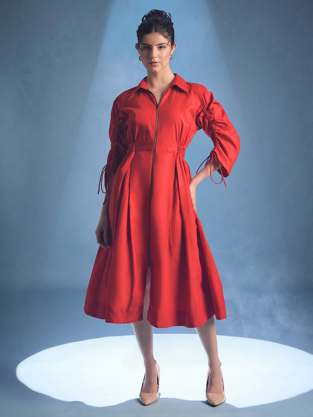 Cotton Zip Dress With Gathered Tie-Up Sleeves