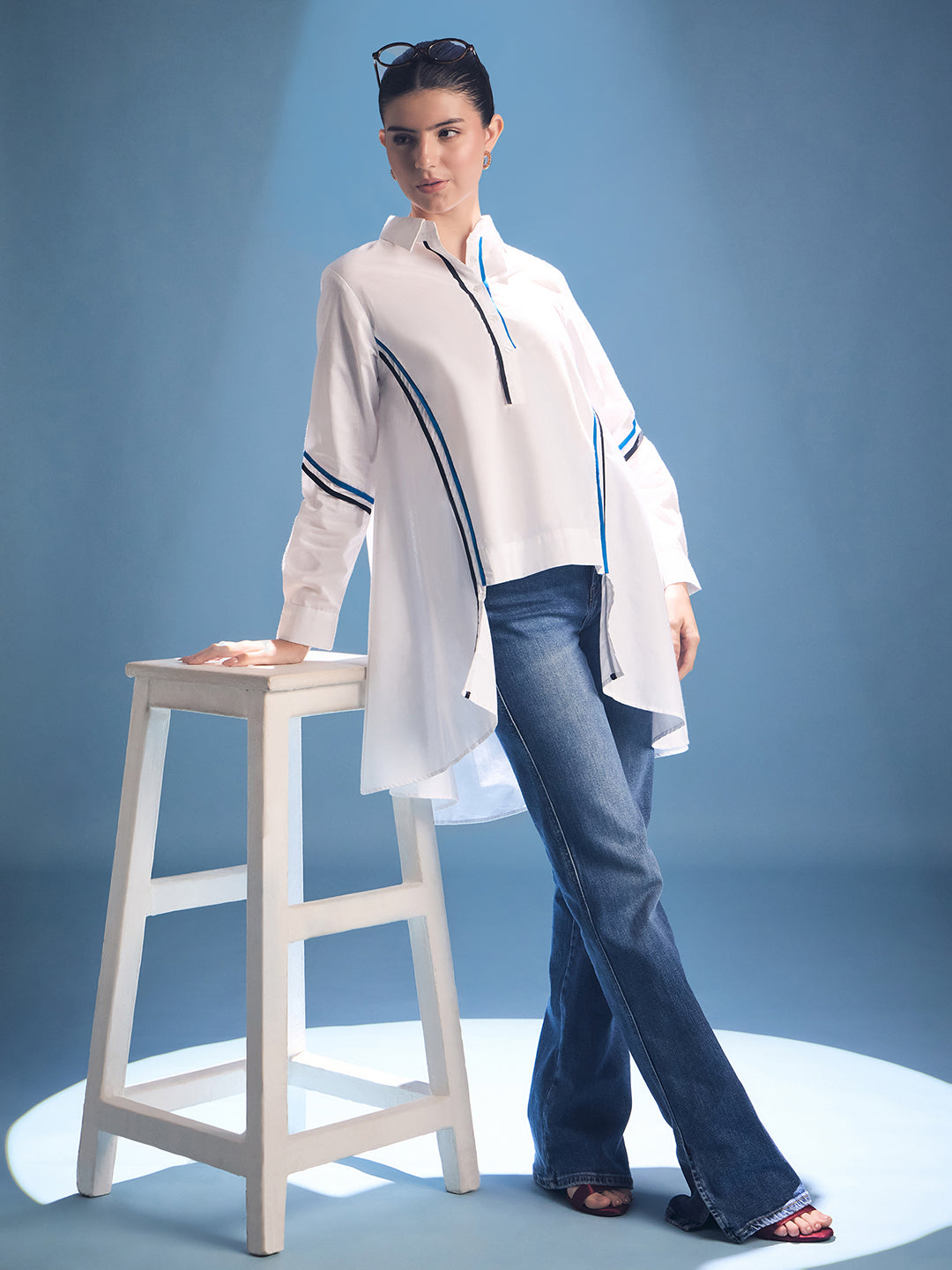 Cotton Asymmetric Shirt with Contrast Color Stripes