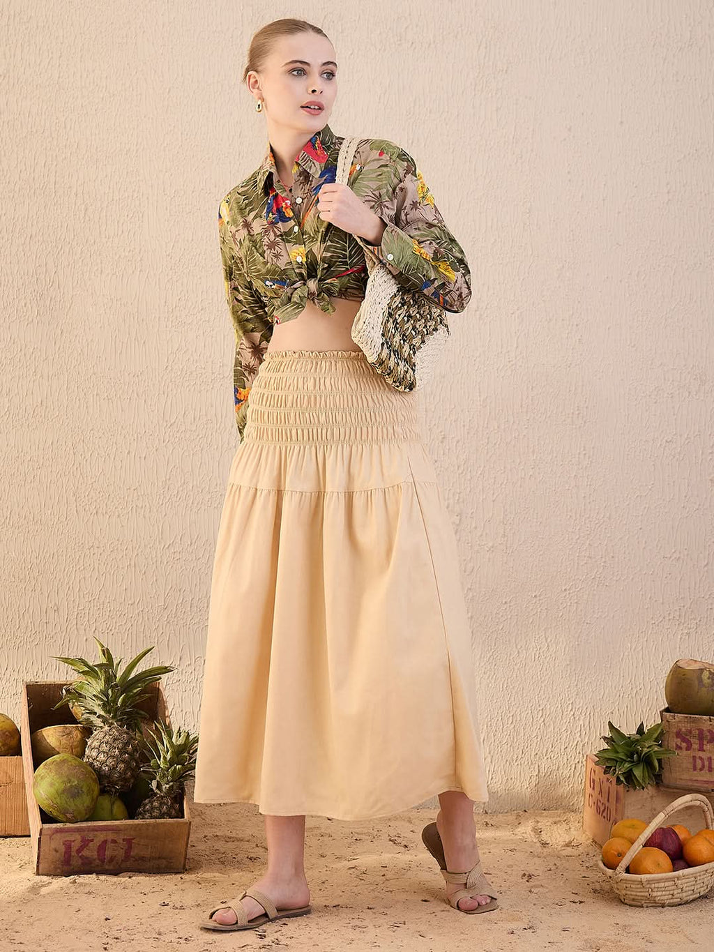 Smocked High-waist Cotton Midi Skirt