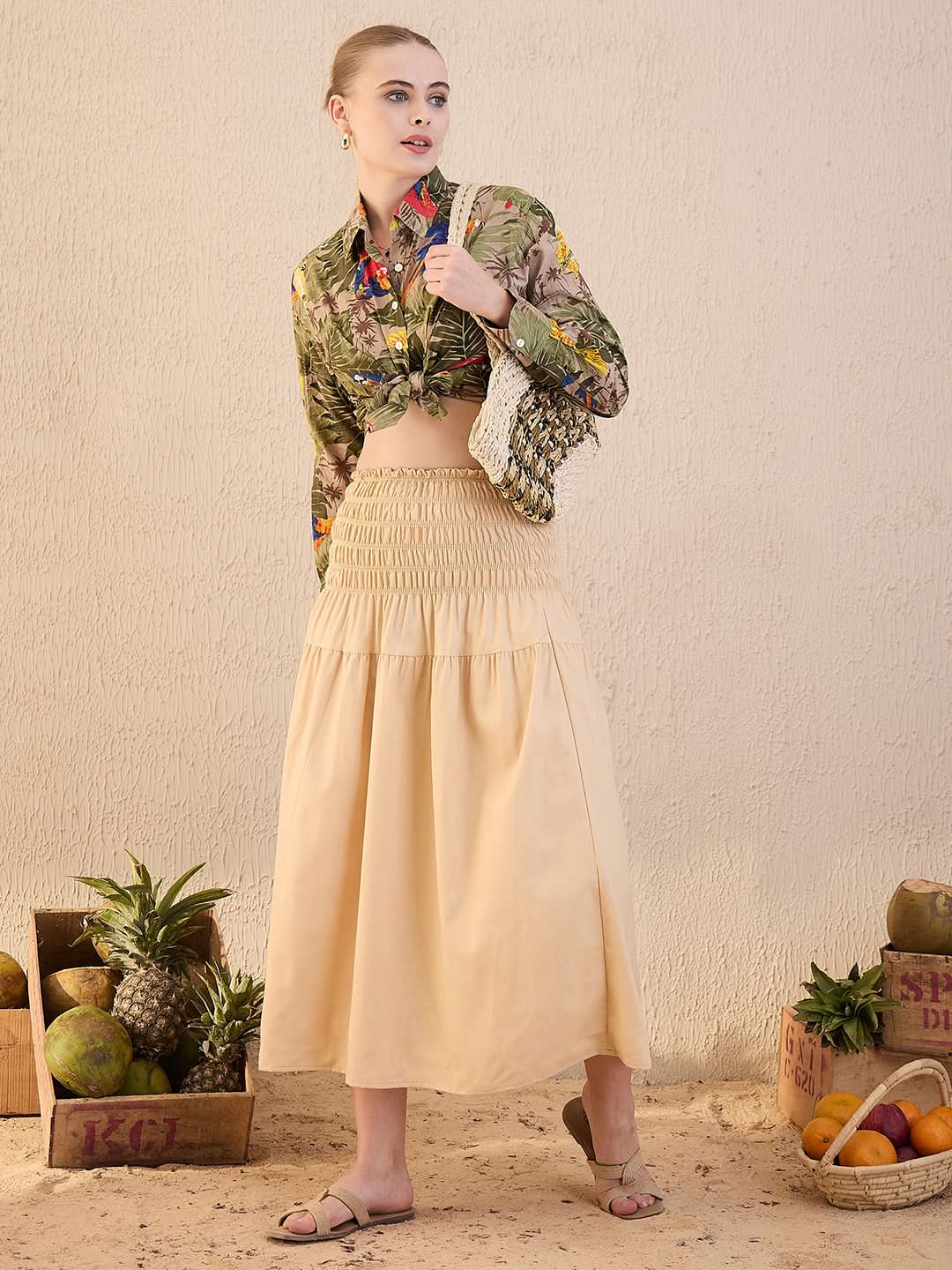 Smocked High-waist Cotton Midi Skirt