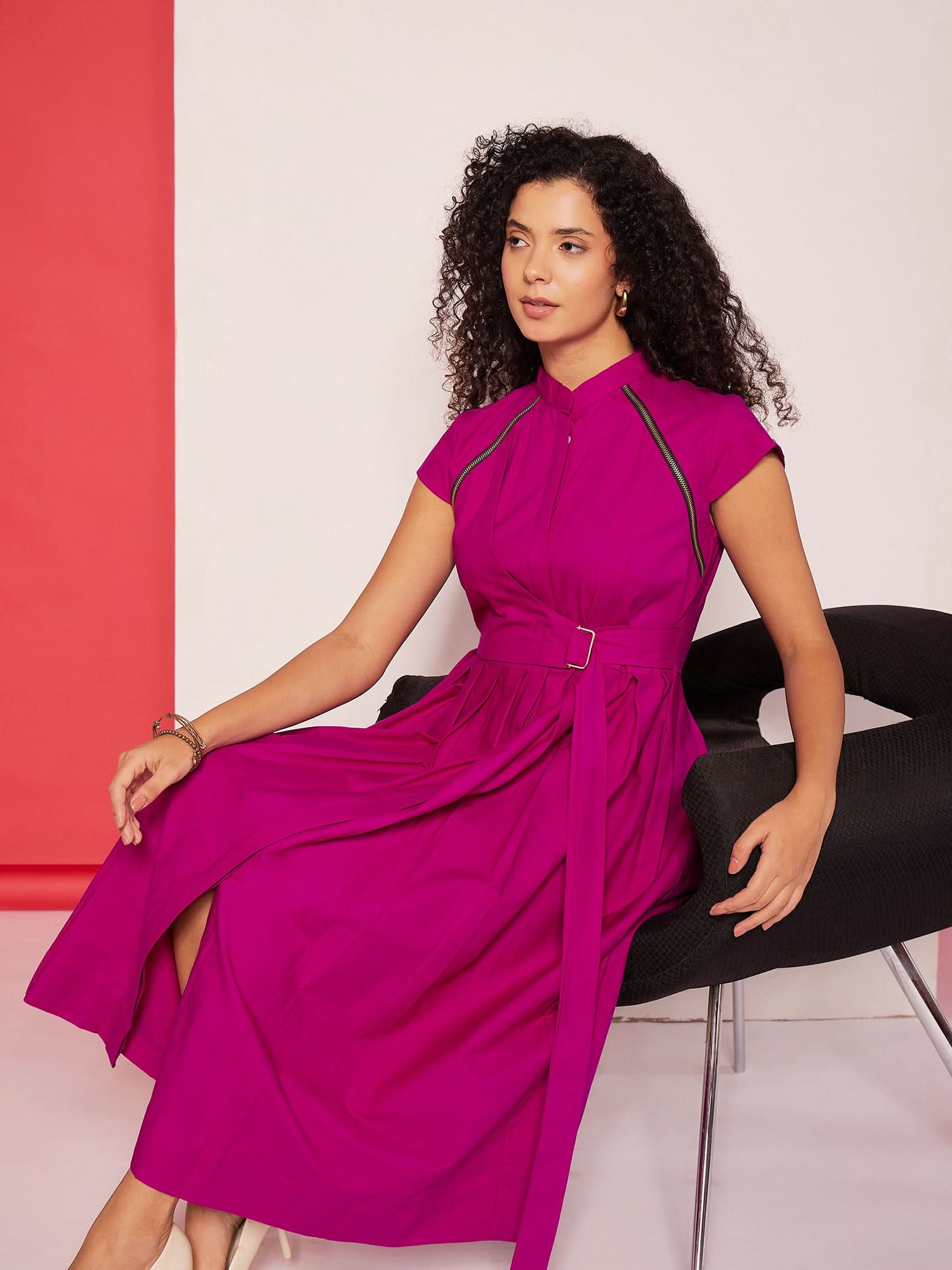 Pleated Cotton Midi Dress With Zipper Detail