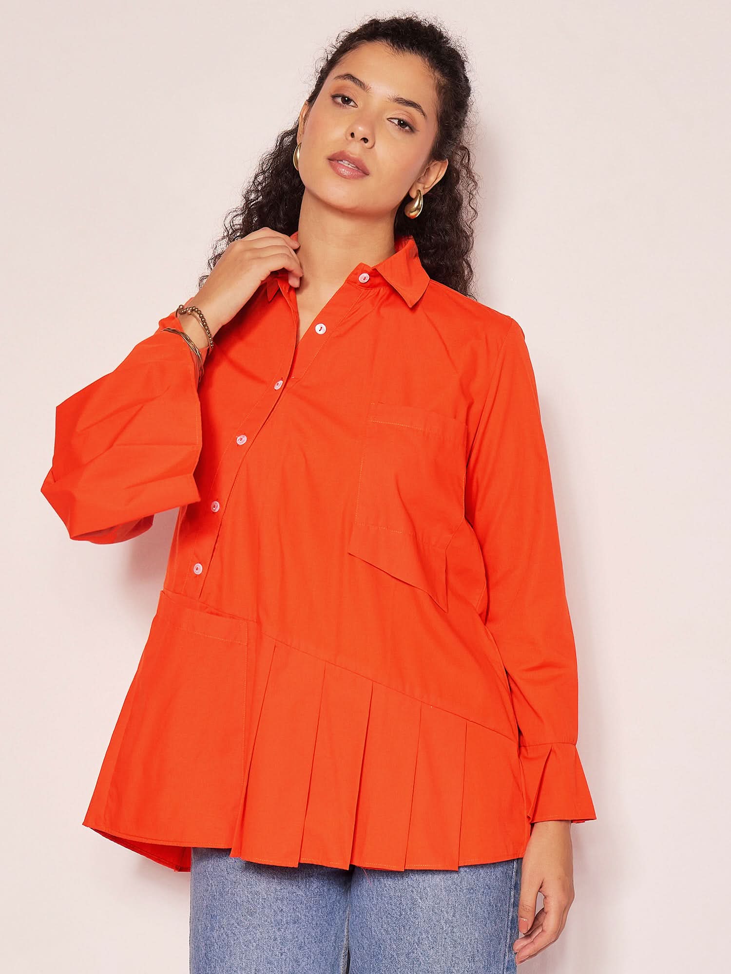 Asymmetric Pleated Cotton Shirt