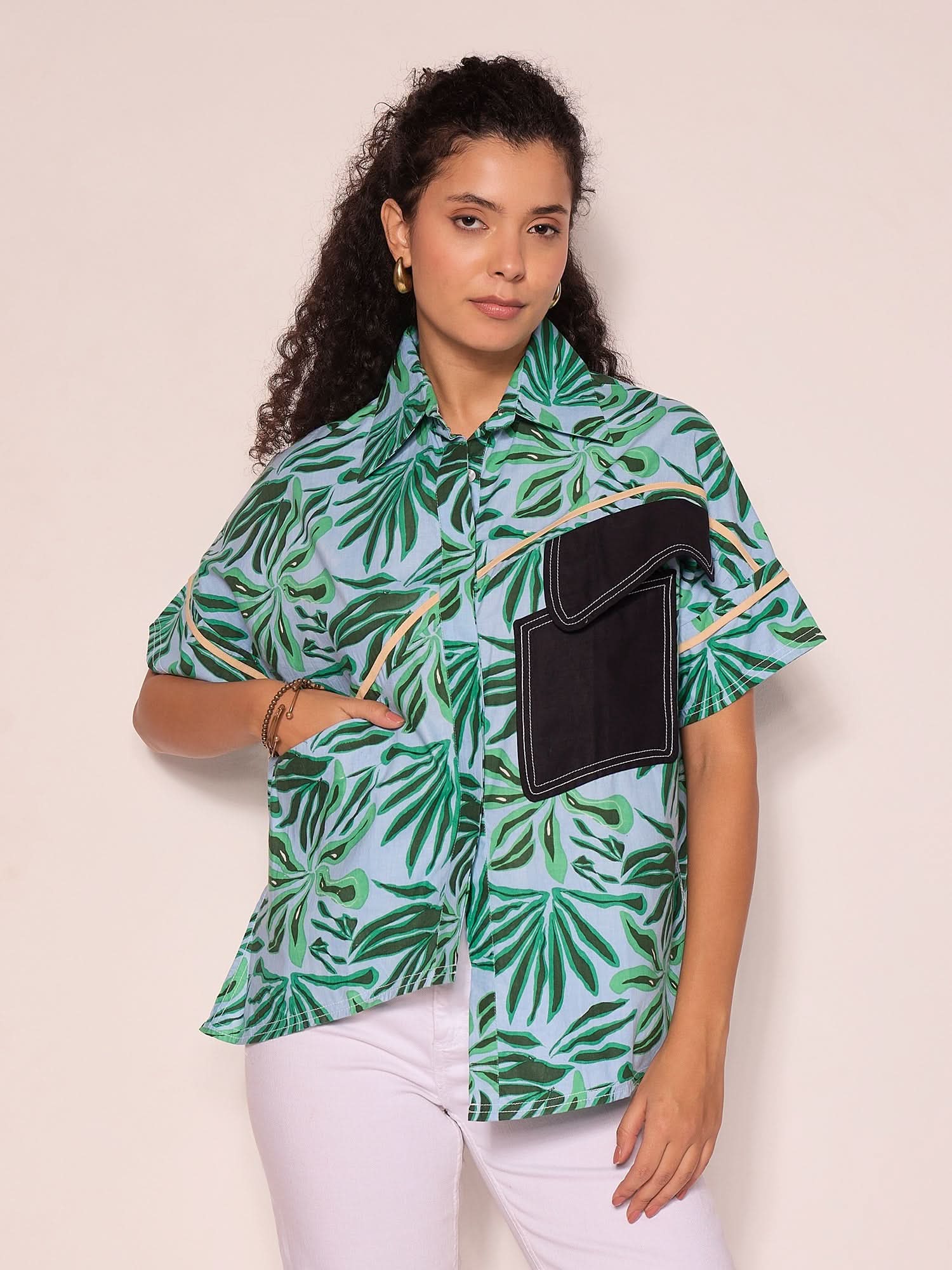 Cotton Boxy Shirt With Asymmetric Contrast Pocket