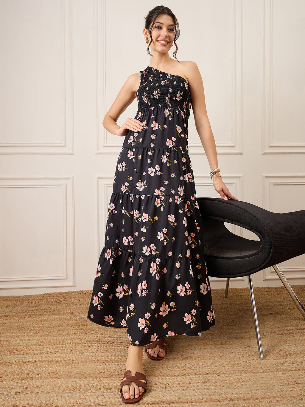 One Shoulder Smocked Maxi Dress