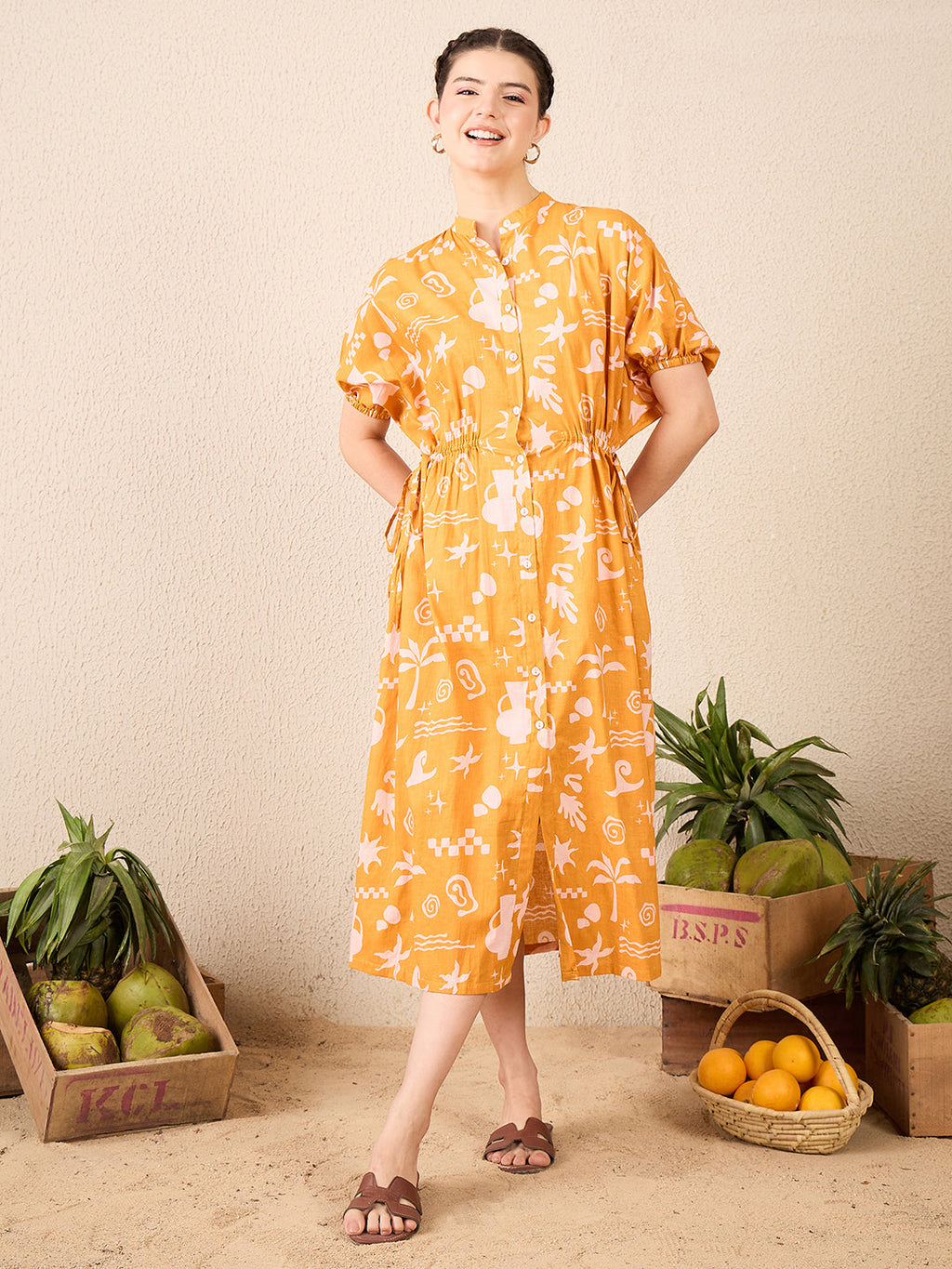 Cotton Side Waist Tie-Up Midi Dress