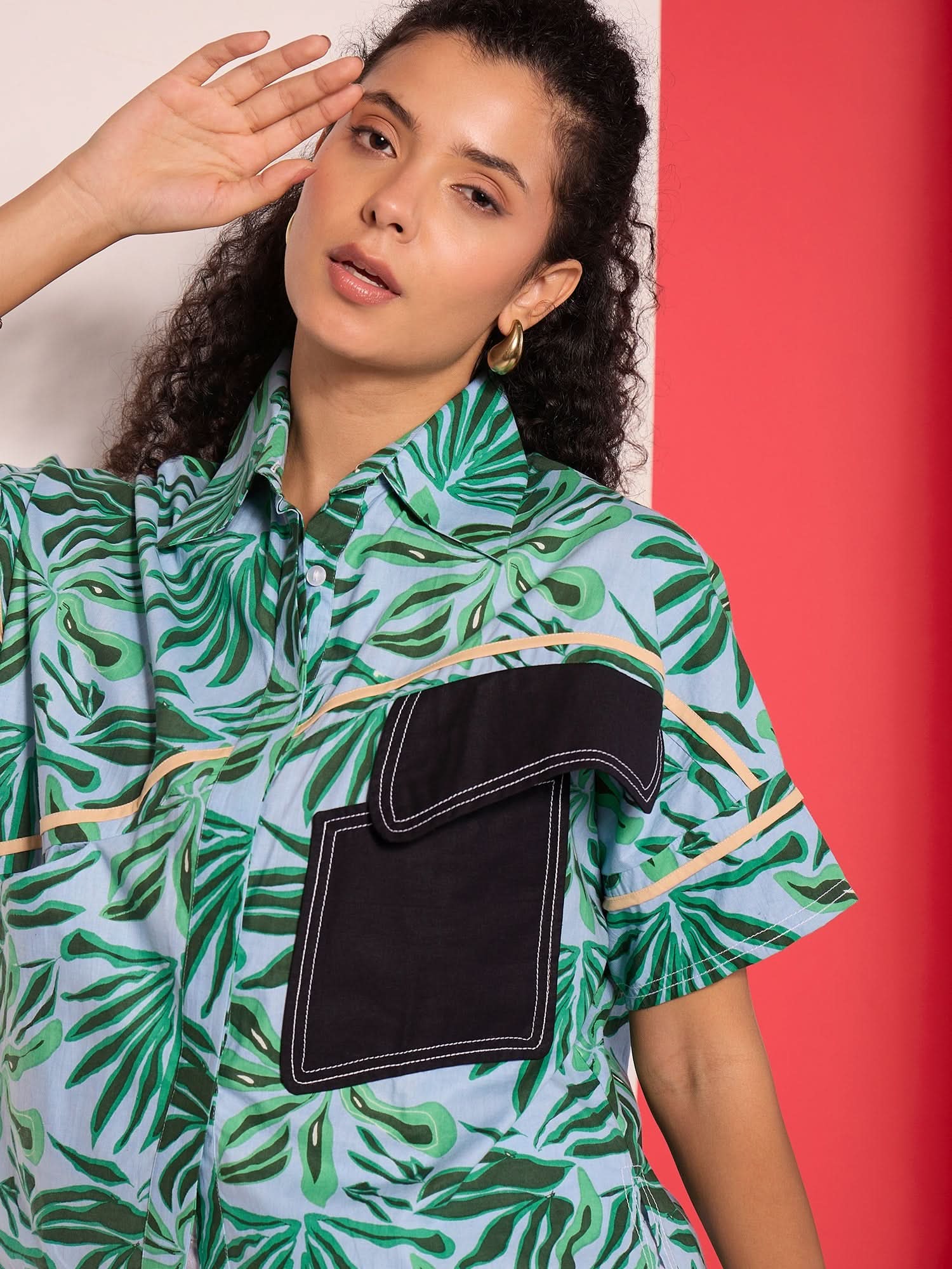 Cotton Boxy Shirt With Asymmetric Contrast Pocket
