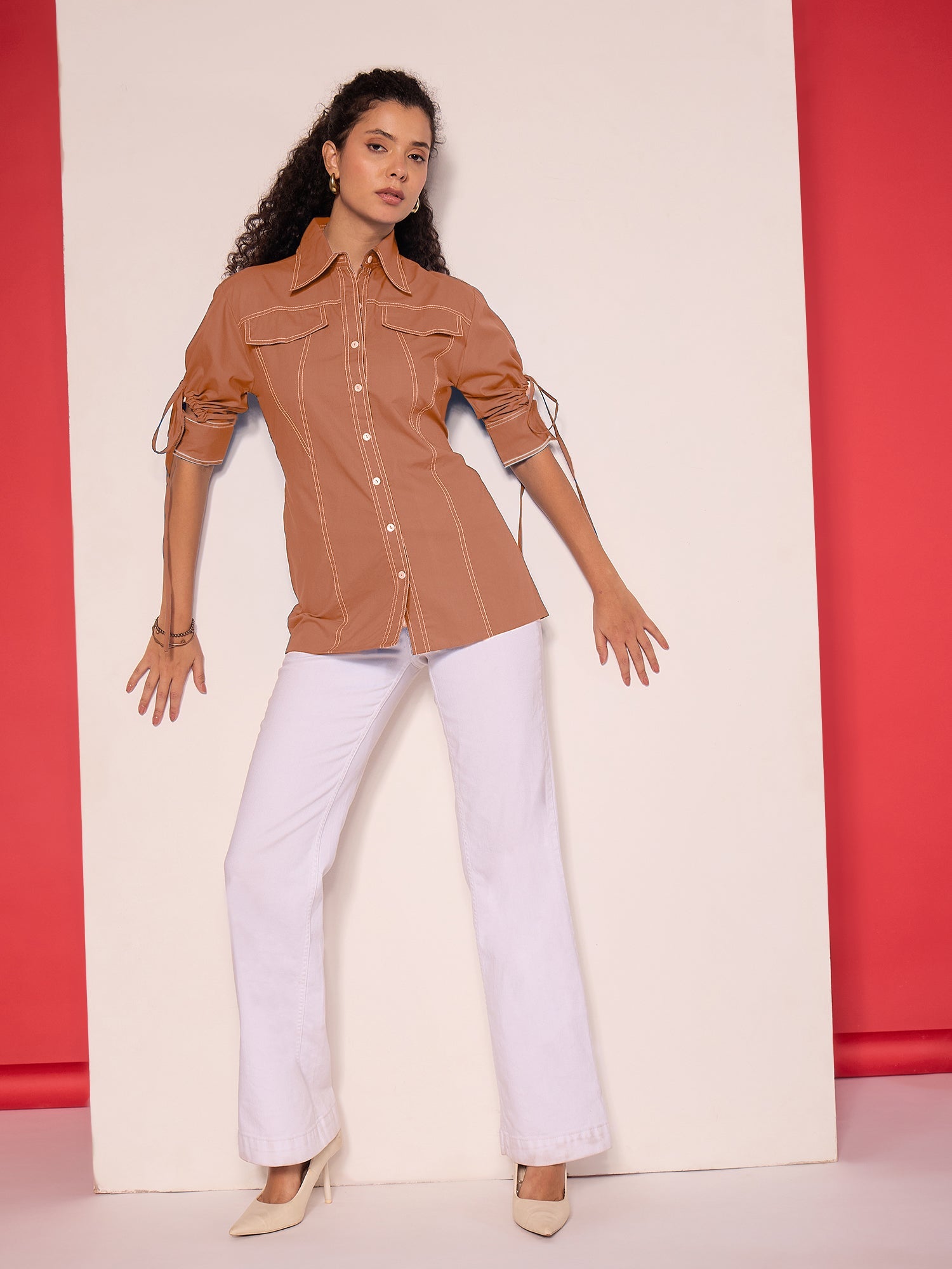 Panelled Cotton Shirt With Tie-Up Sleeves