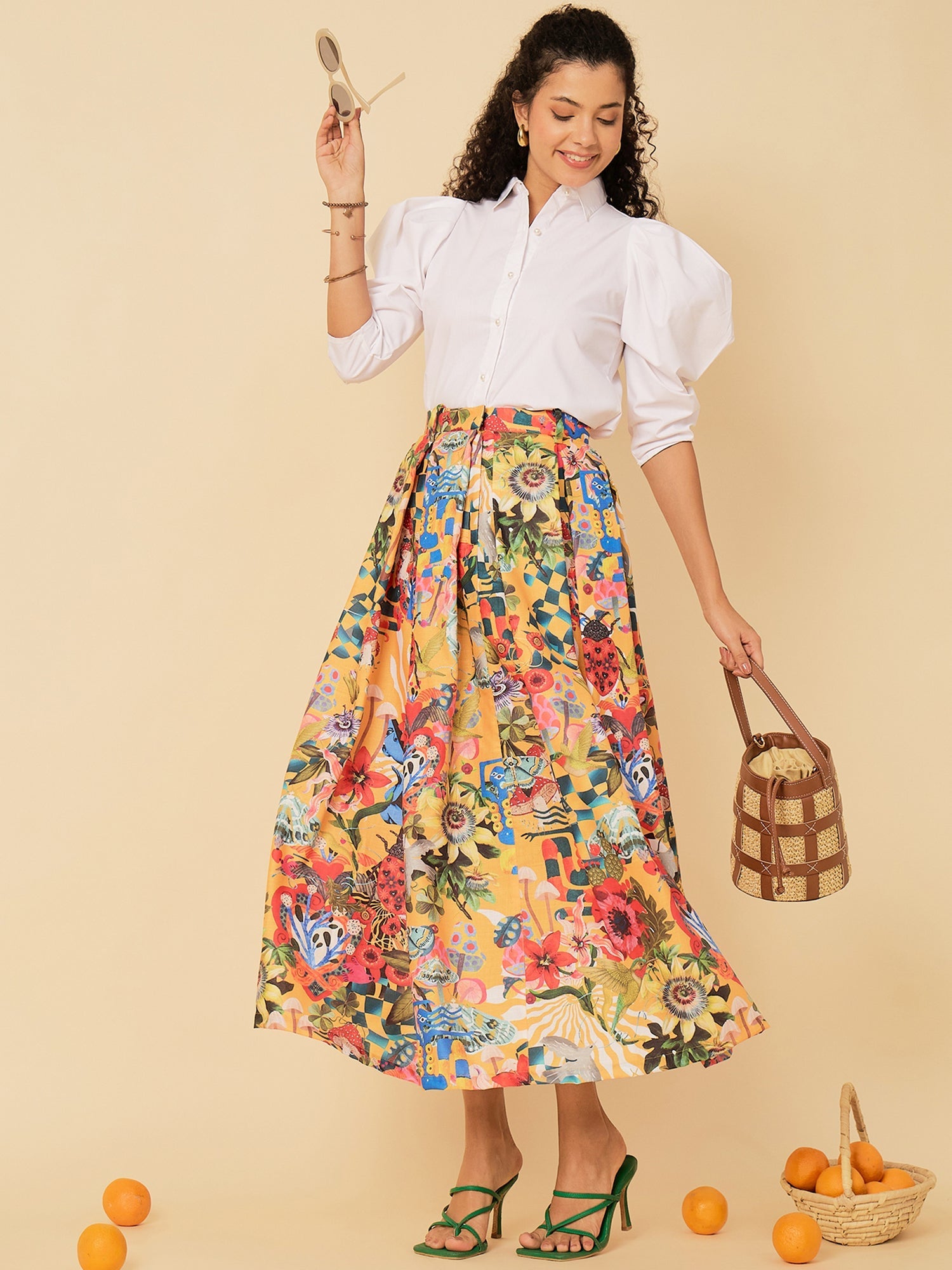 Box Pleated Midi Linen Skirt