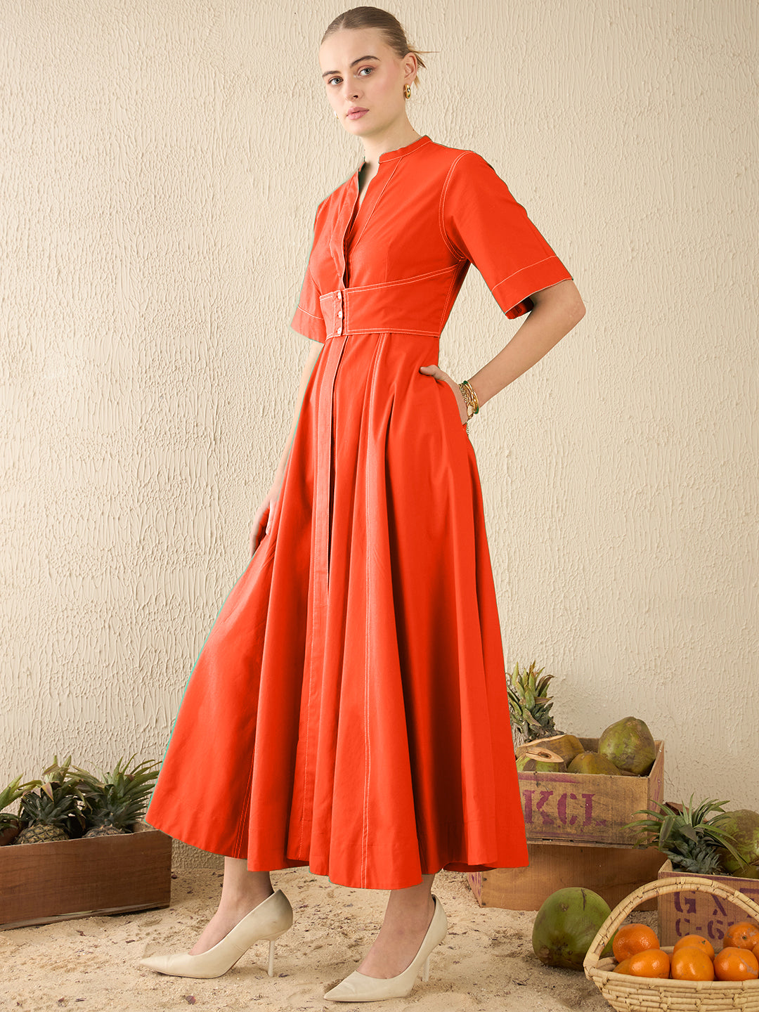 Corset Panelled Cotton Midi Dress