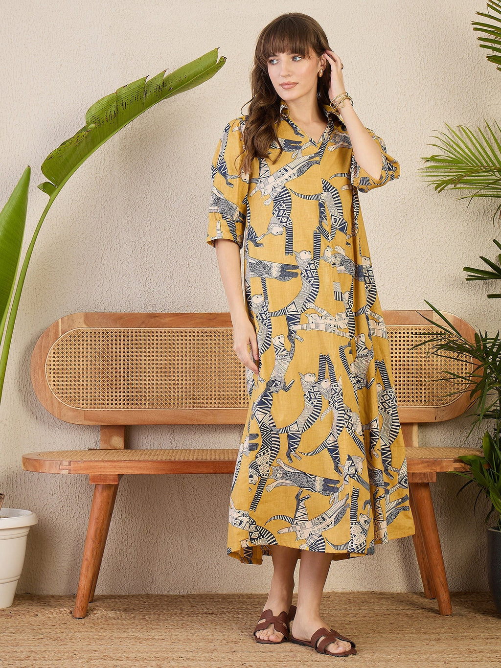 Front Pleated Cotton Midi Dress