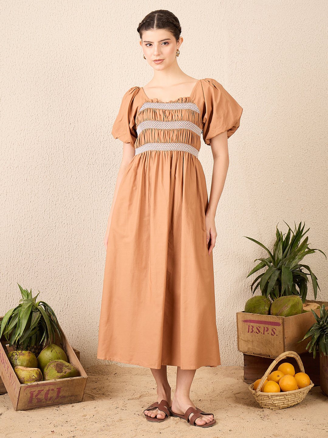 Puff Sleeve Smocked Cotton Midi Dress