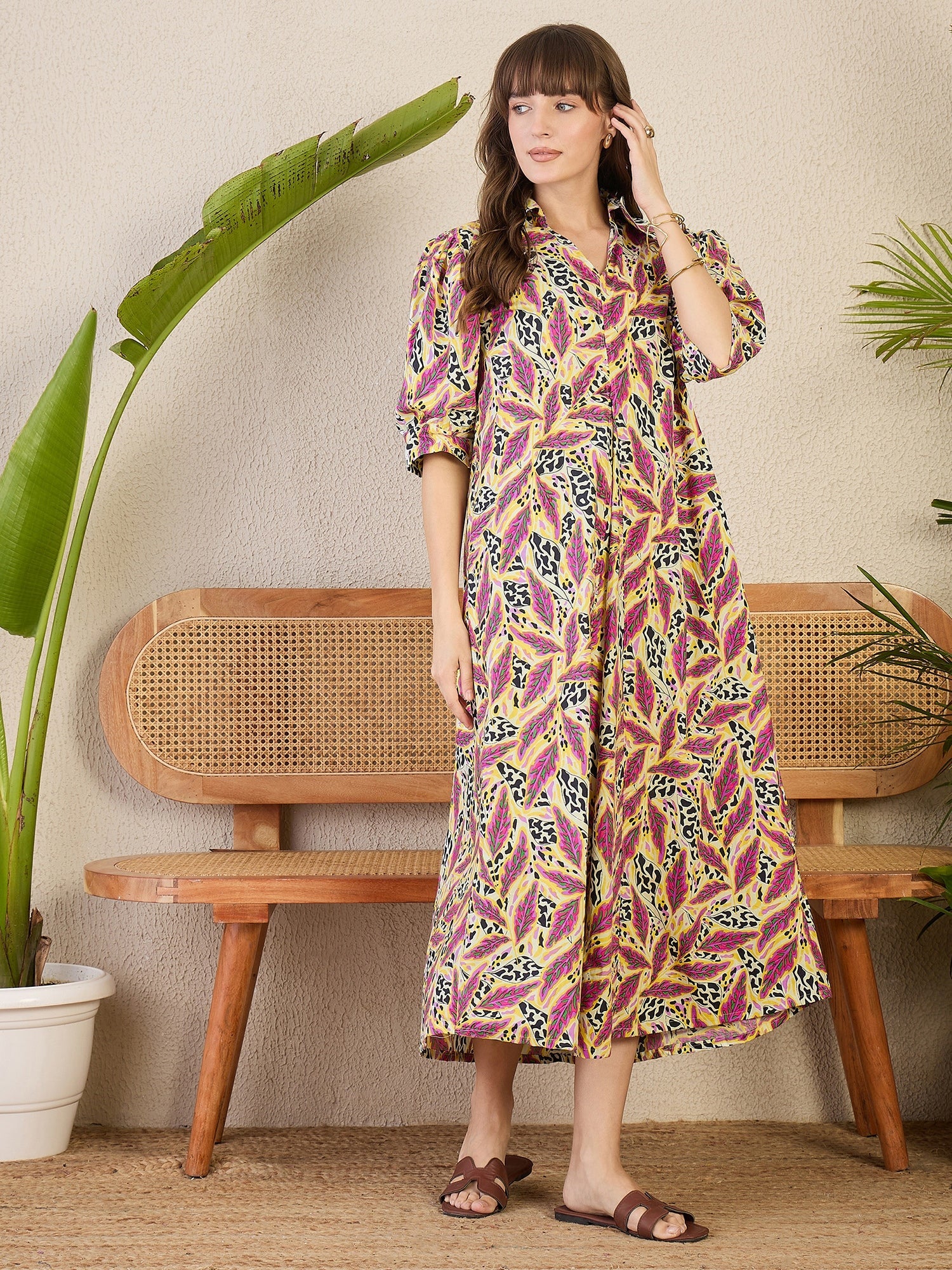 Front Pleated Cotton Midi Dress