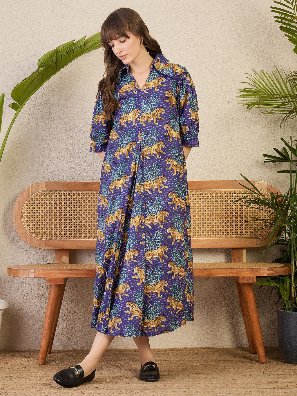 Front Pleated Cotton Midi Dress