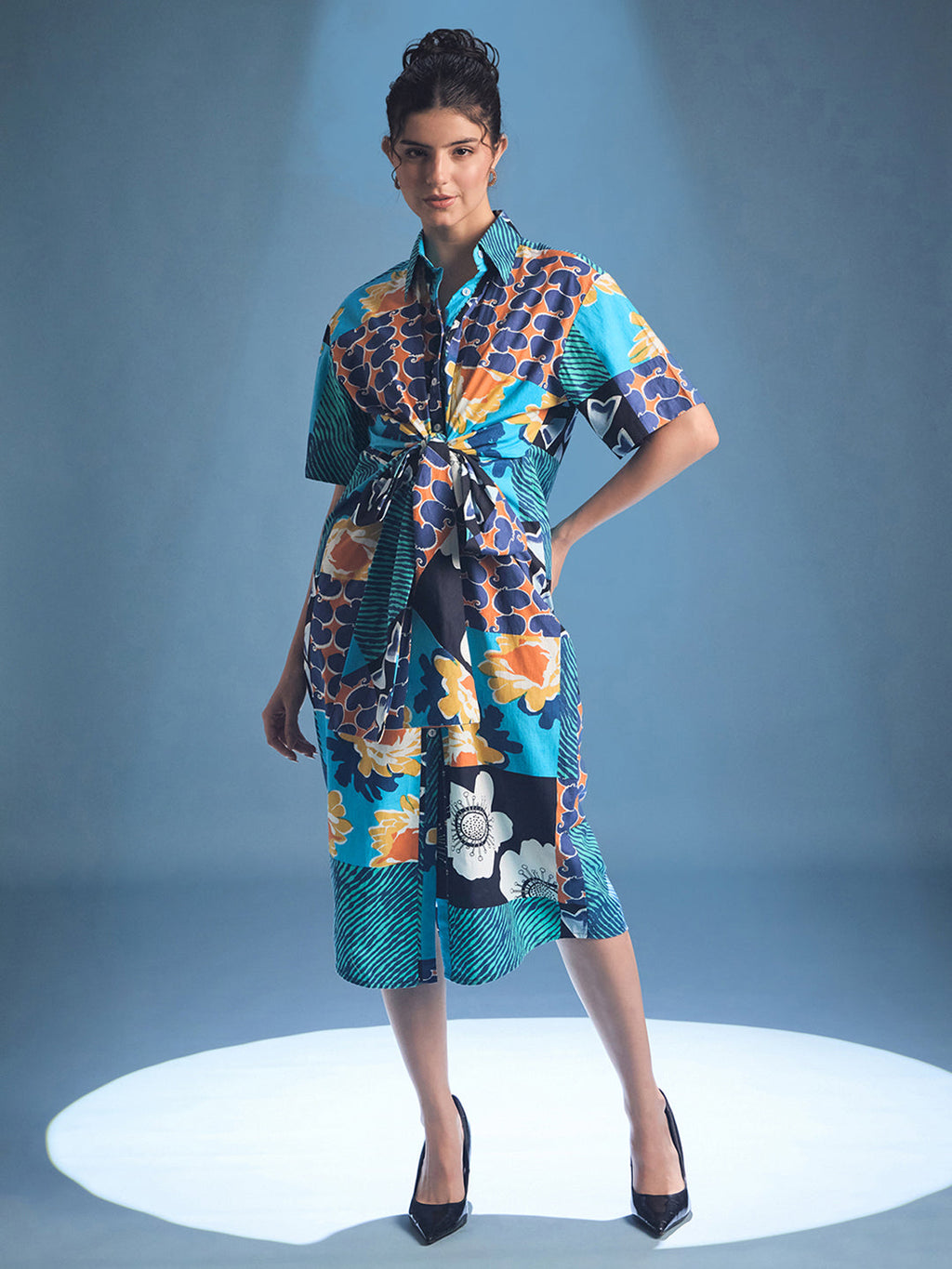 Knotted Cotton Shirt Midi Dress
