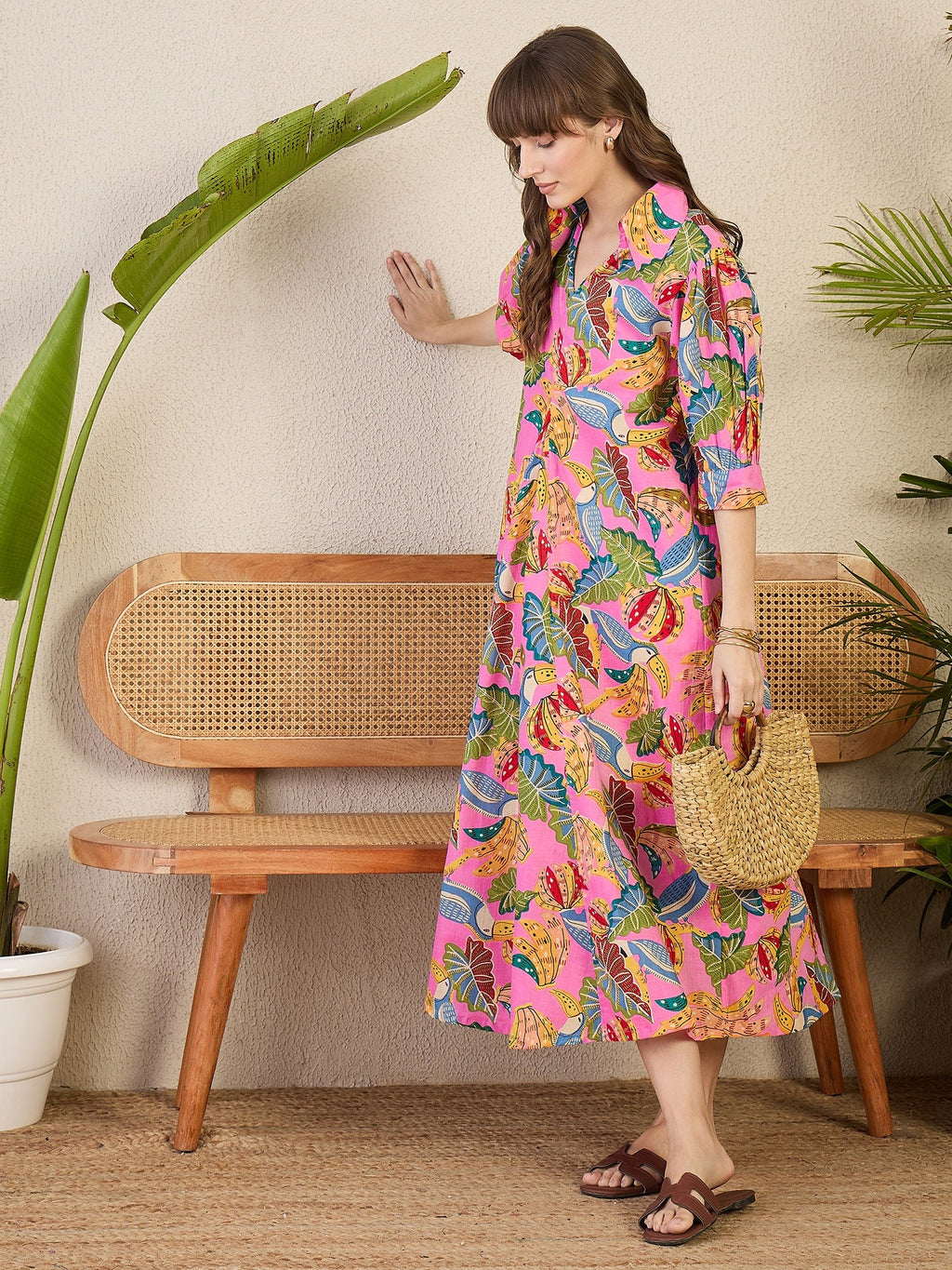 Front Pleated Cotton Midi Dress