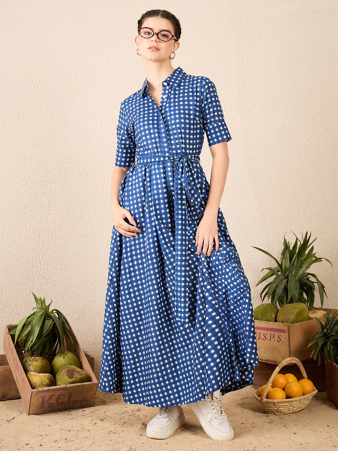 Cotton Buttoned Down Shirt Dress With Belt