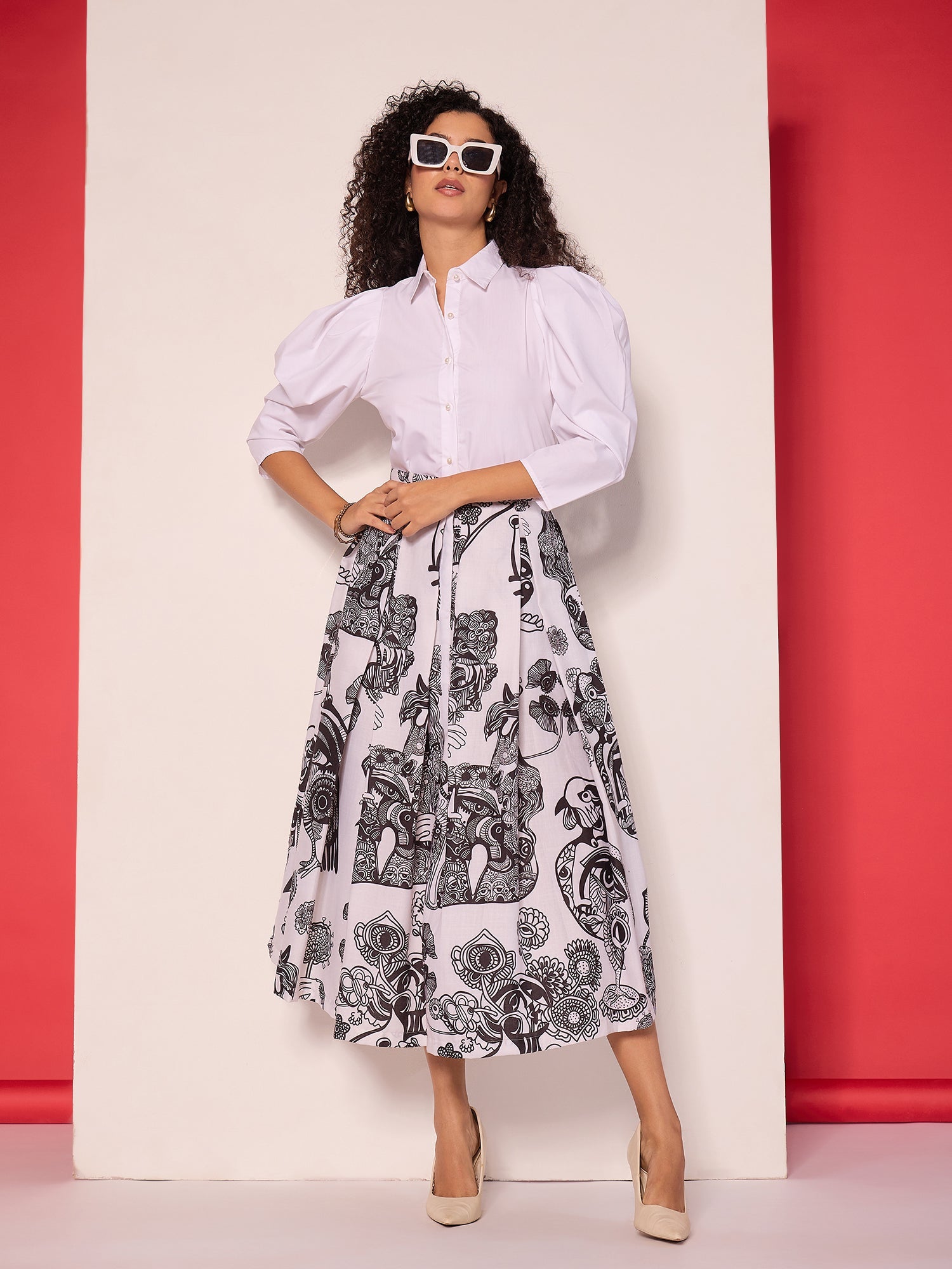 Box Pleated Midi Linen Skirt