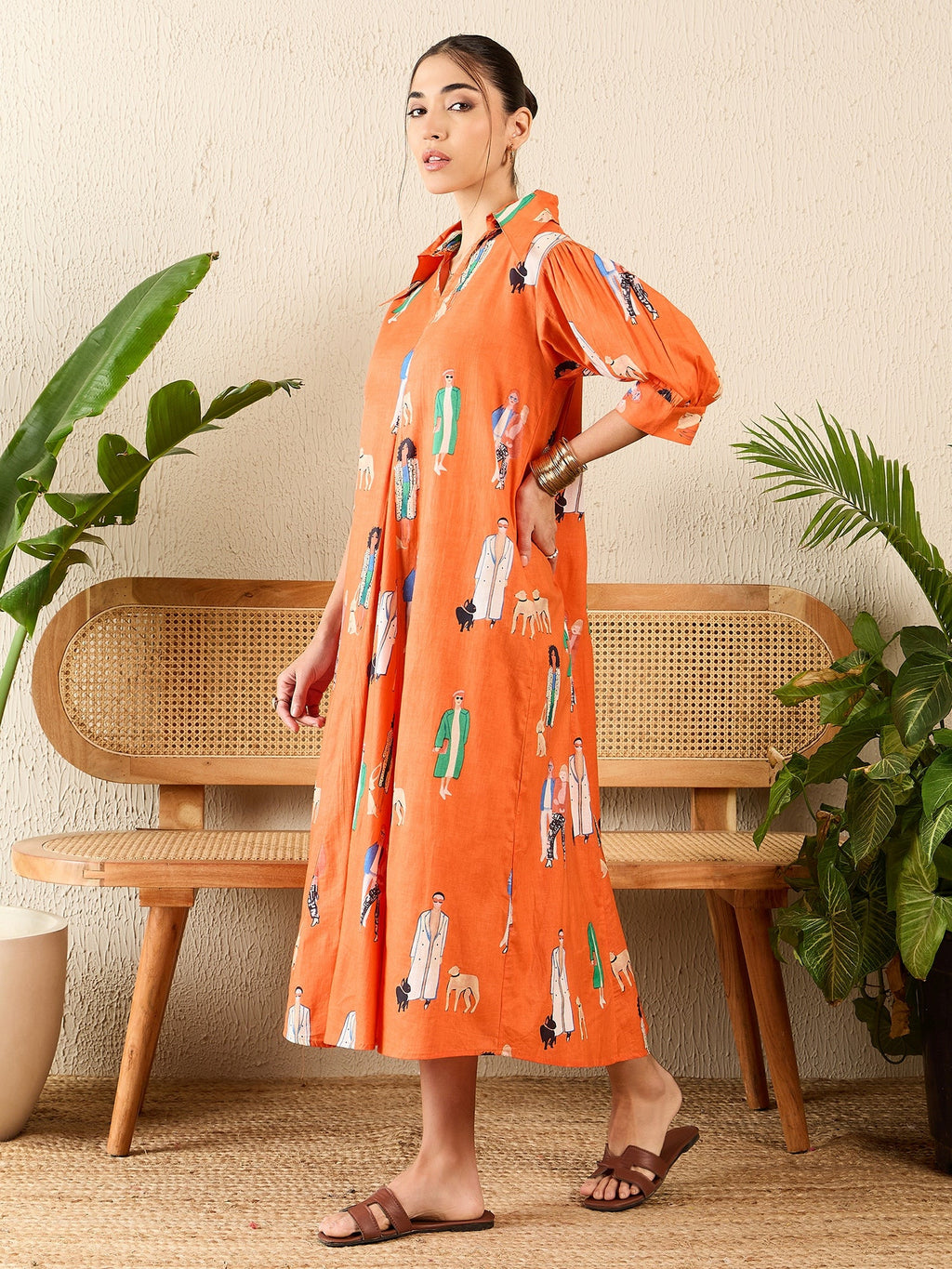 Front Pleated Cotton Midi Dress