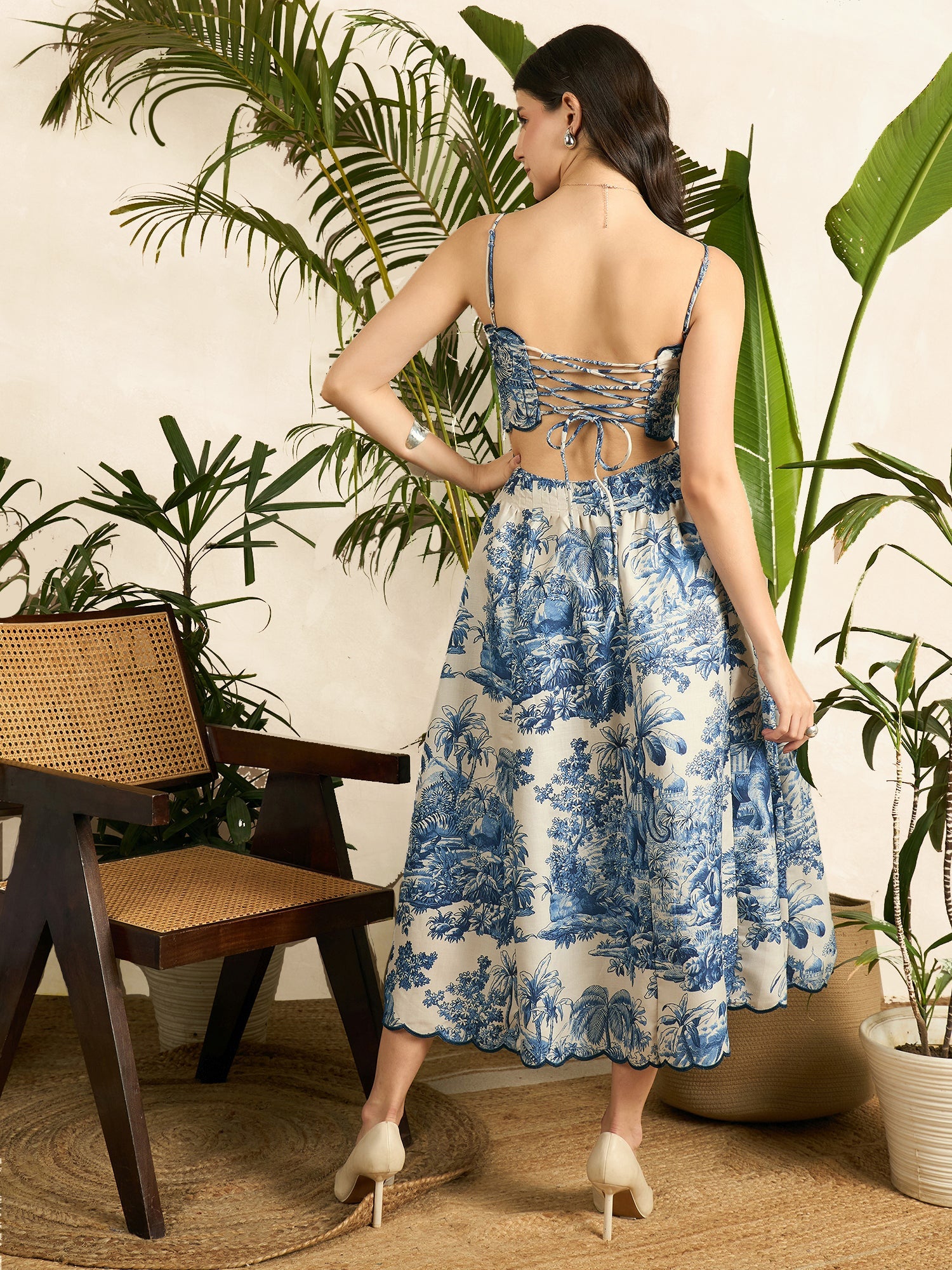 Scalloped Fit and Flare Midi Cotton Dress