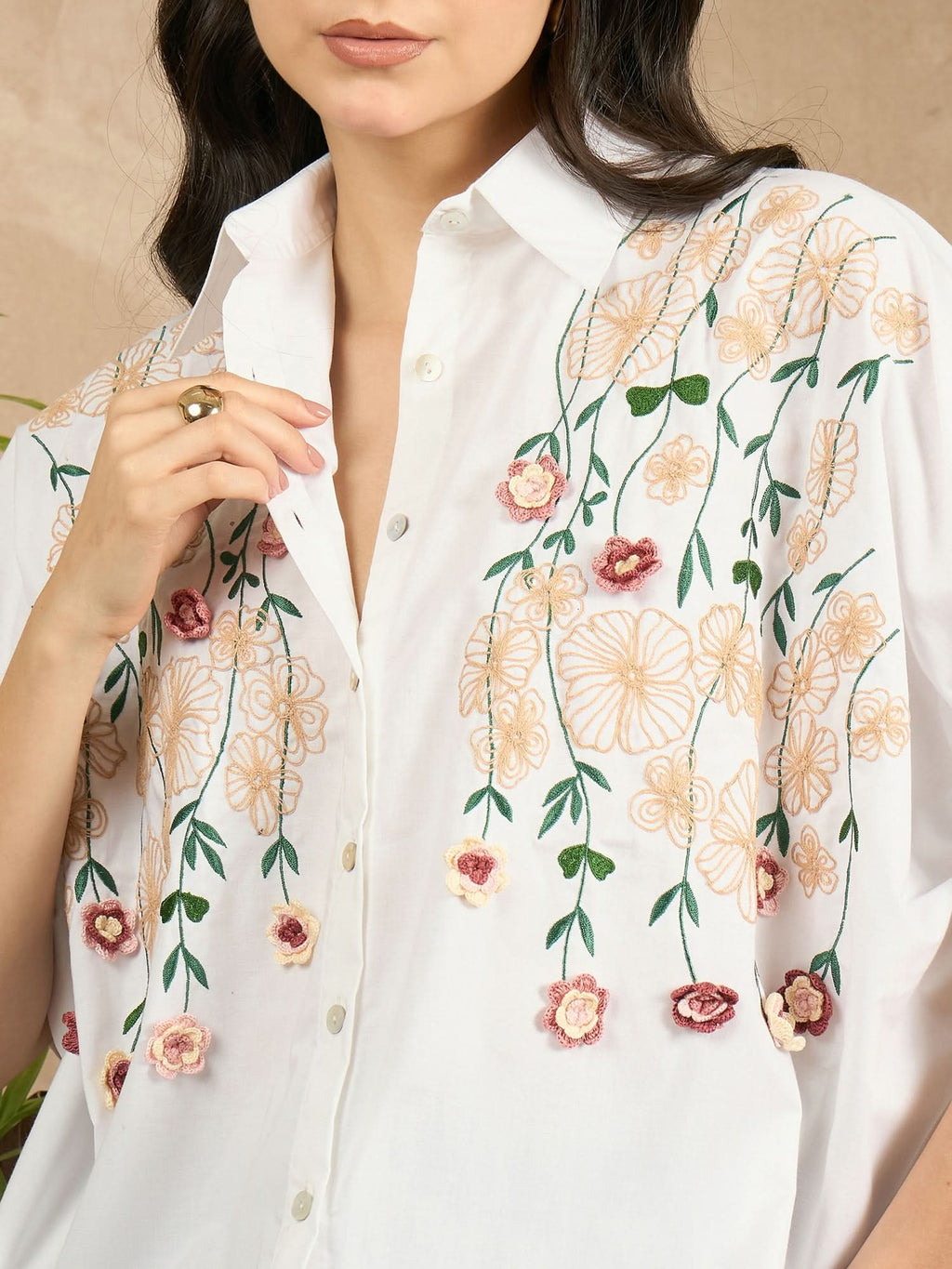 Cotton Anti-fit Crochet Floral Shirt