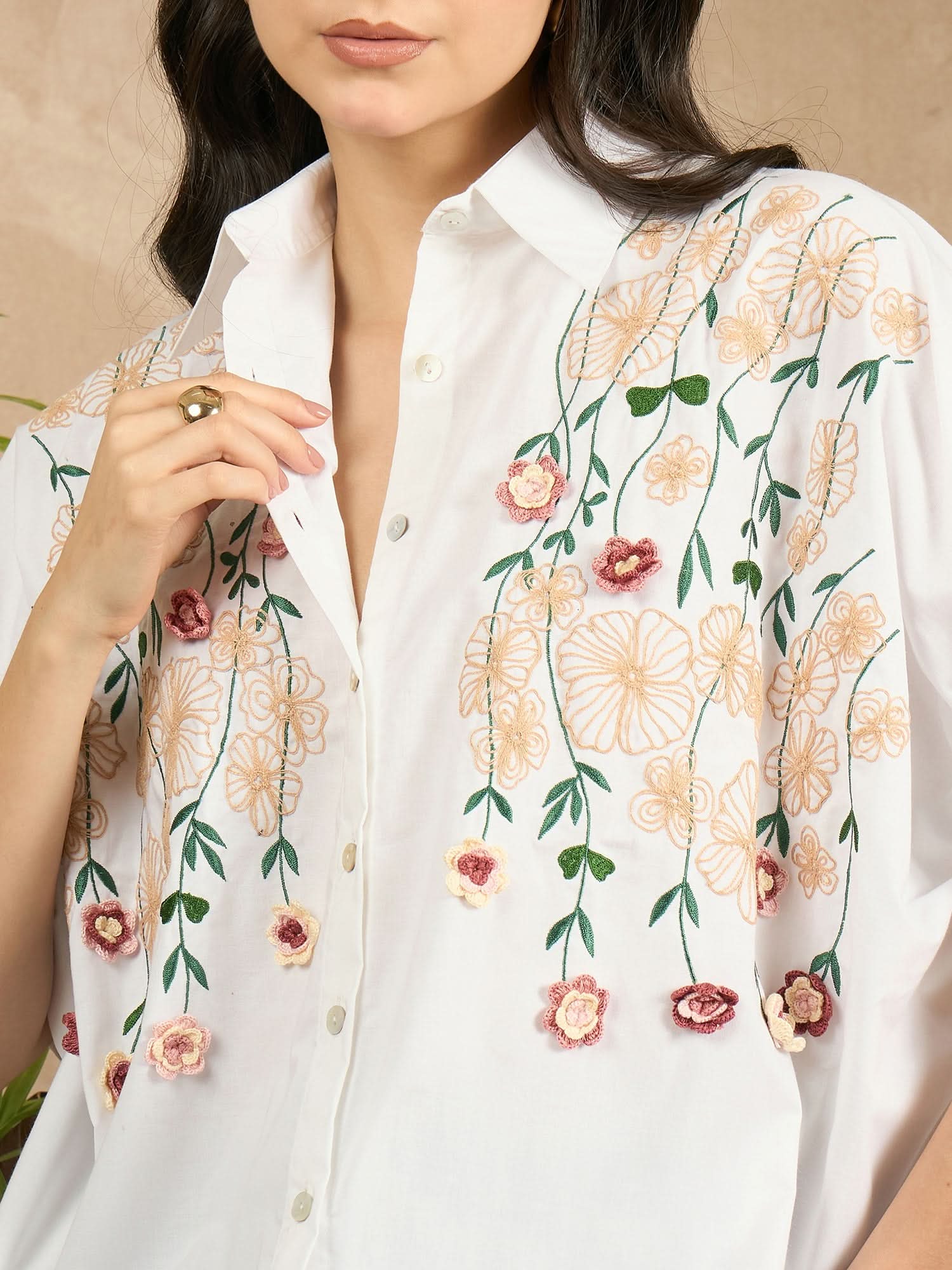 Cotton Anti-fit Crochet Floral Shirt
