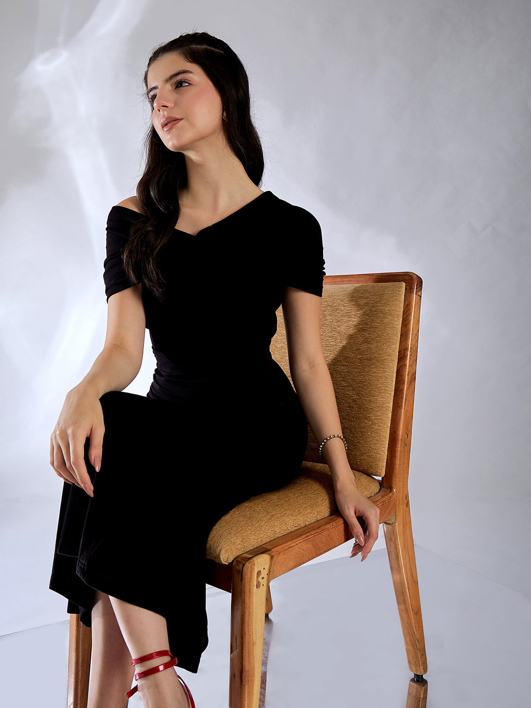 Stretchable Off Shoulder Fit & Flare Midi Dress