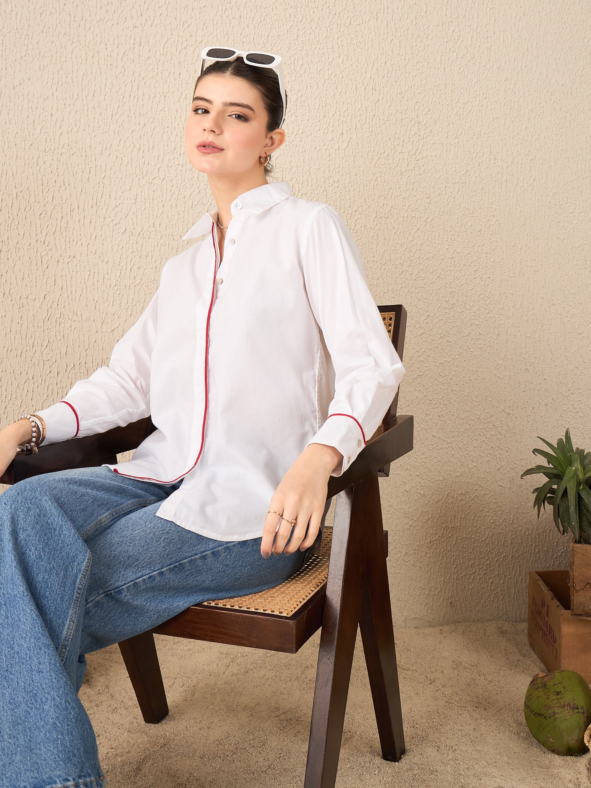 Square Grid Floral Embroidered Cotton Shirt