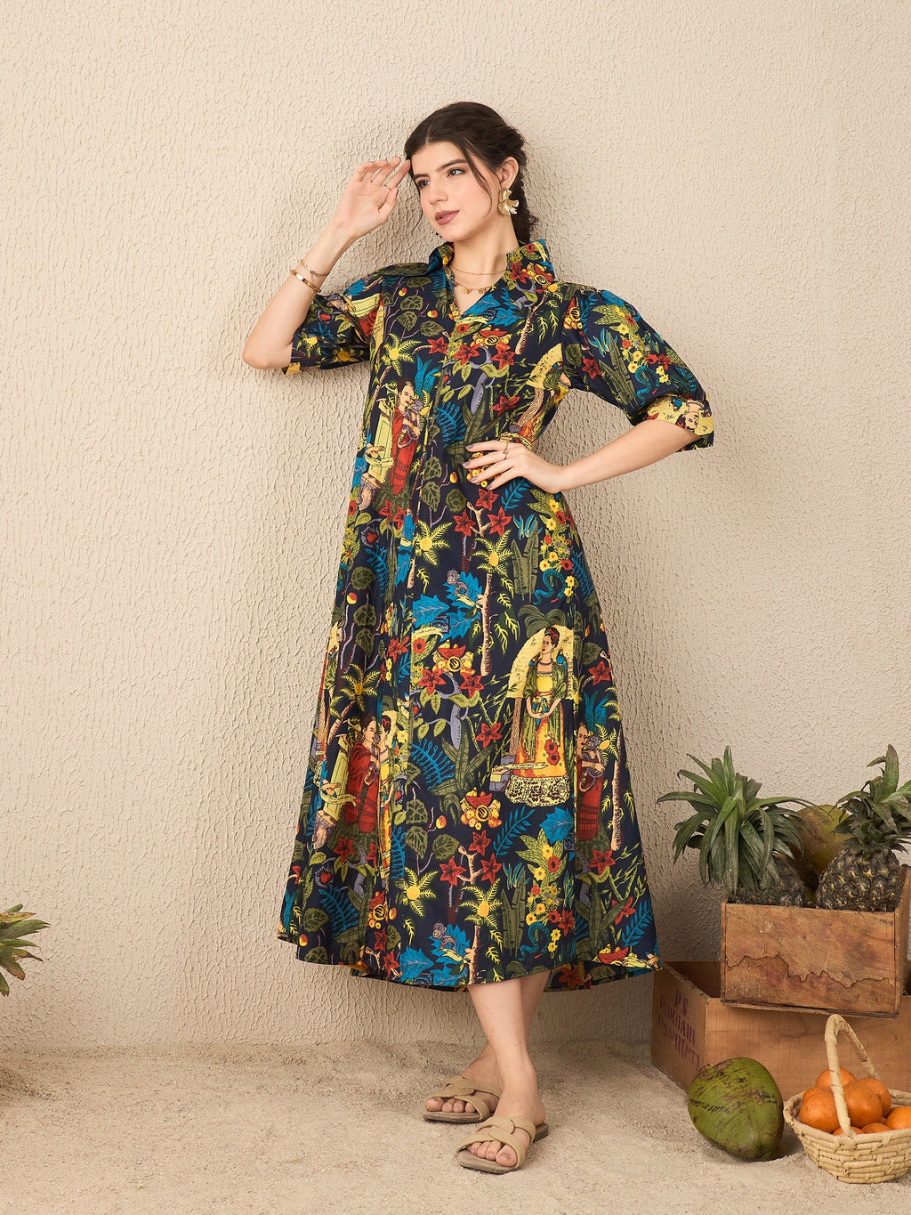 Front Pleated Cotton Midi Dress