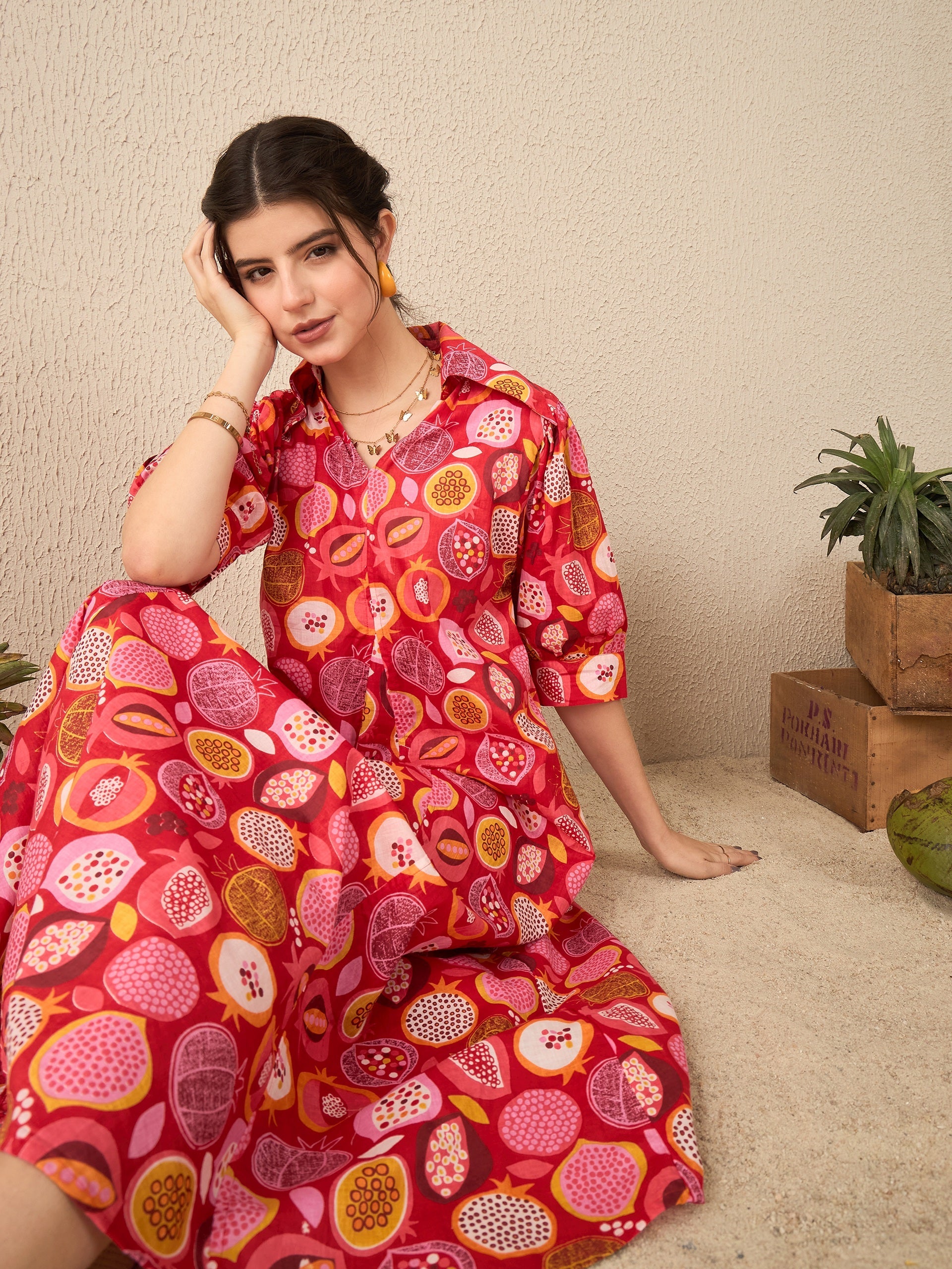 Front Pleated Cotton Midi Dress