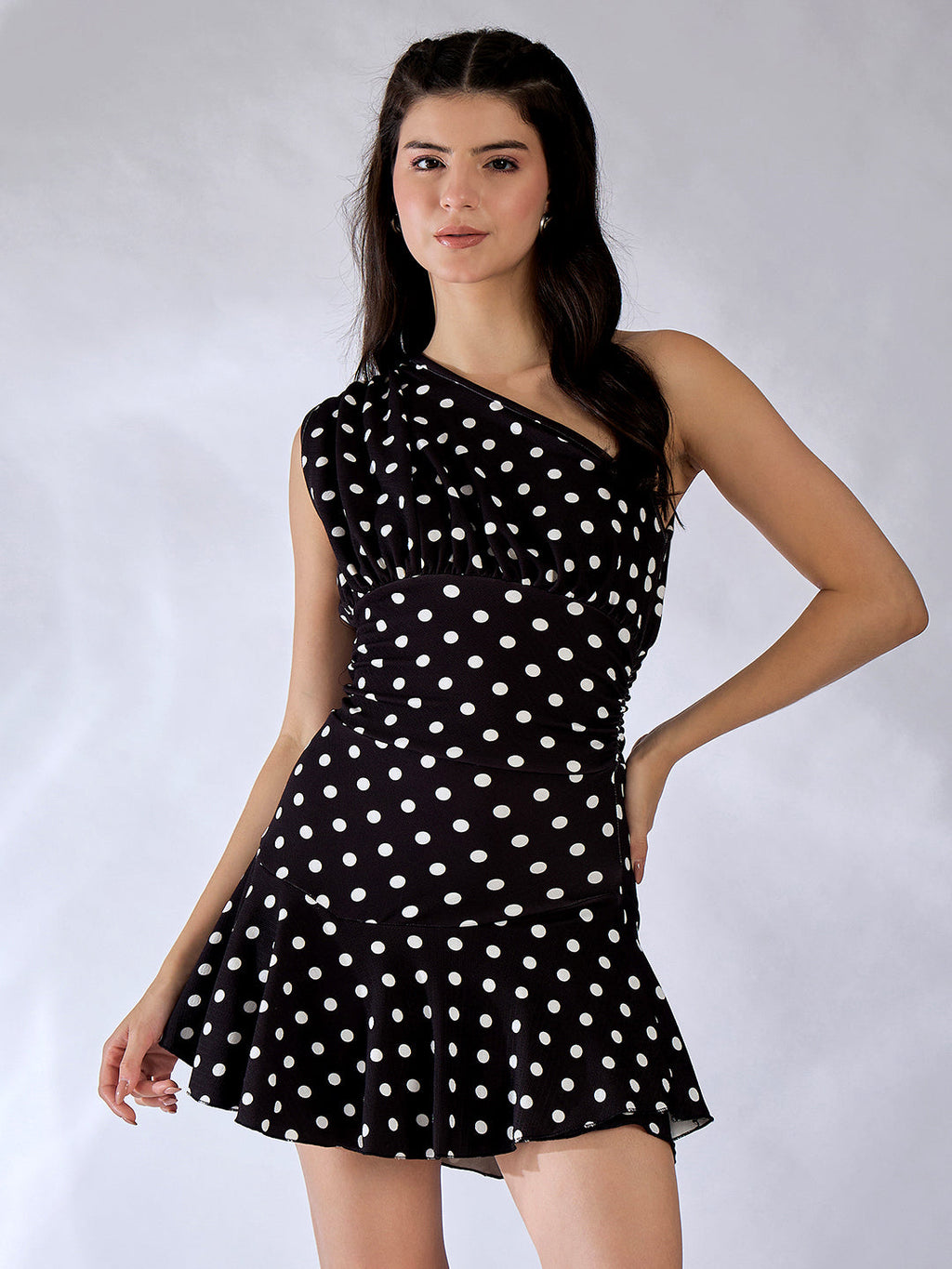 Stretchable One Shoulder Ruffle Trim Mini Dress